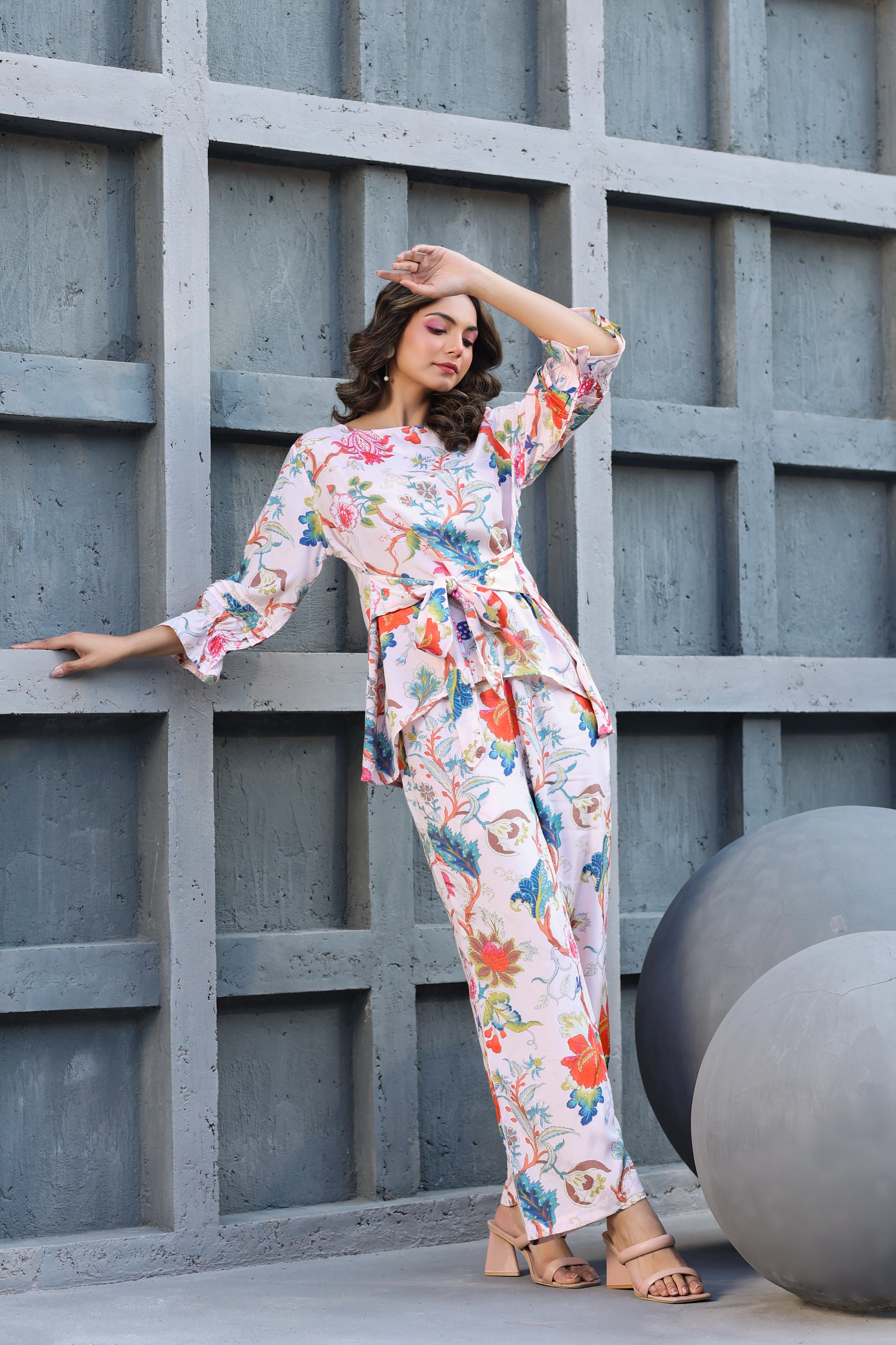 Floral Jaal on Pink Front Tie Russian Silk Co-ord set