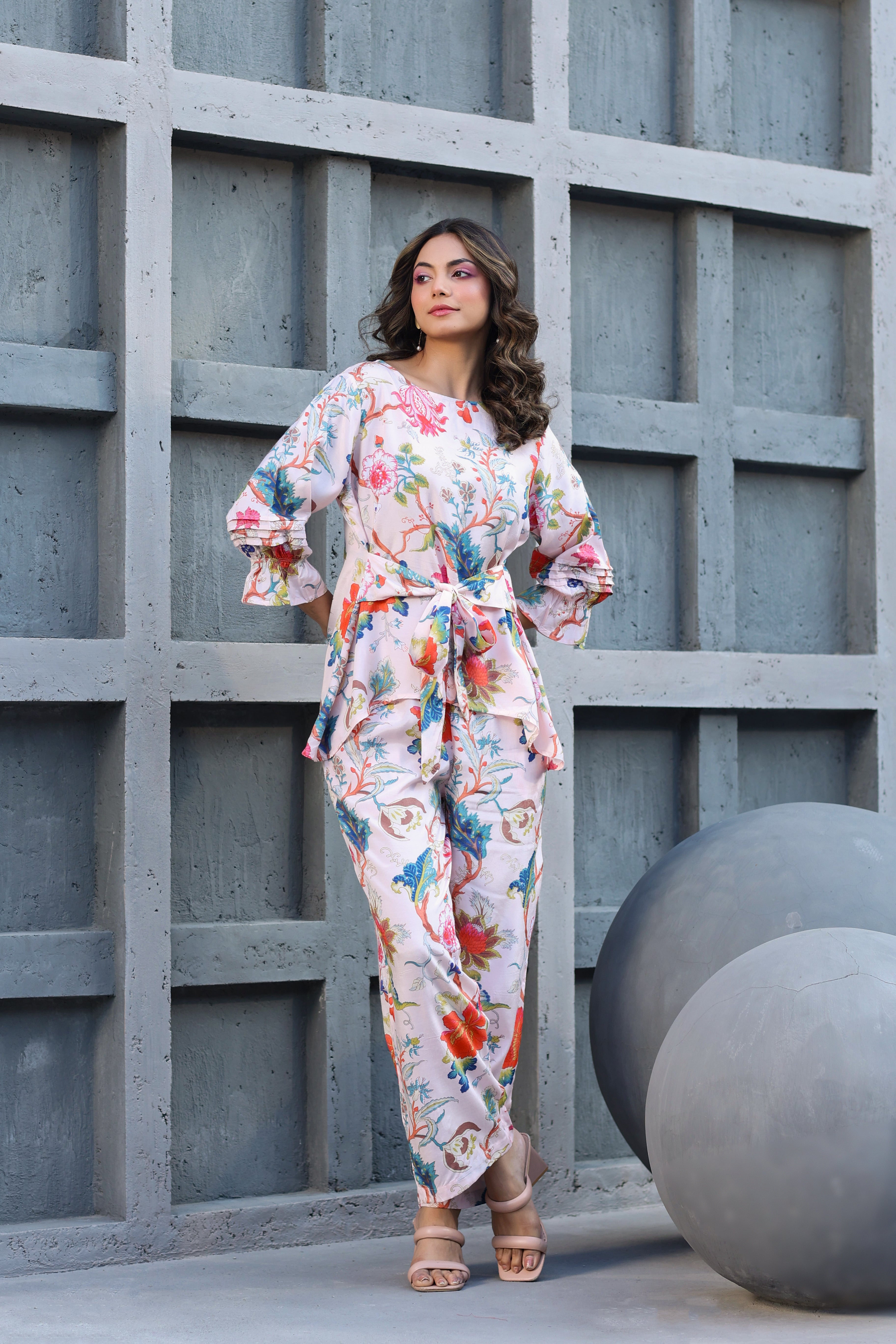 Floral Jaal on Pink Front Tie Russian Silk Co-ord set