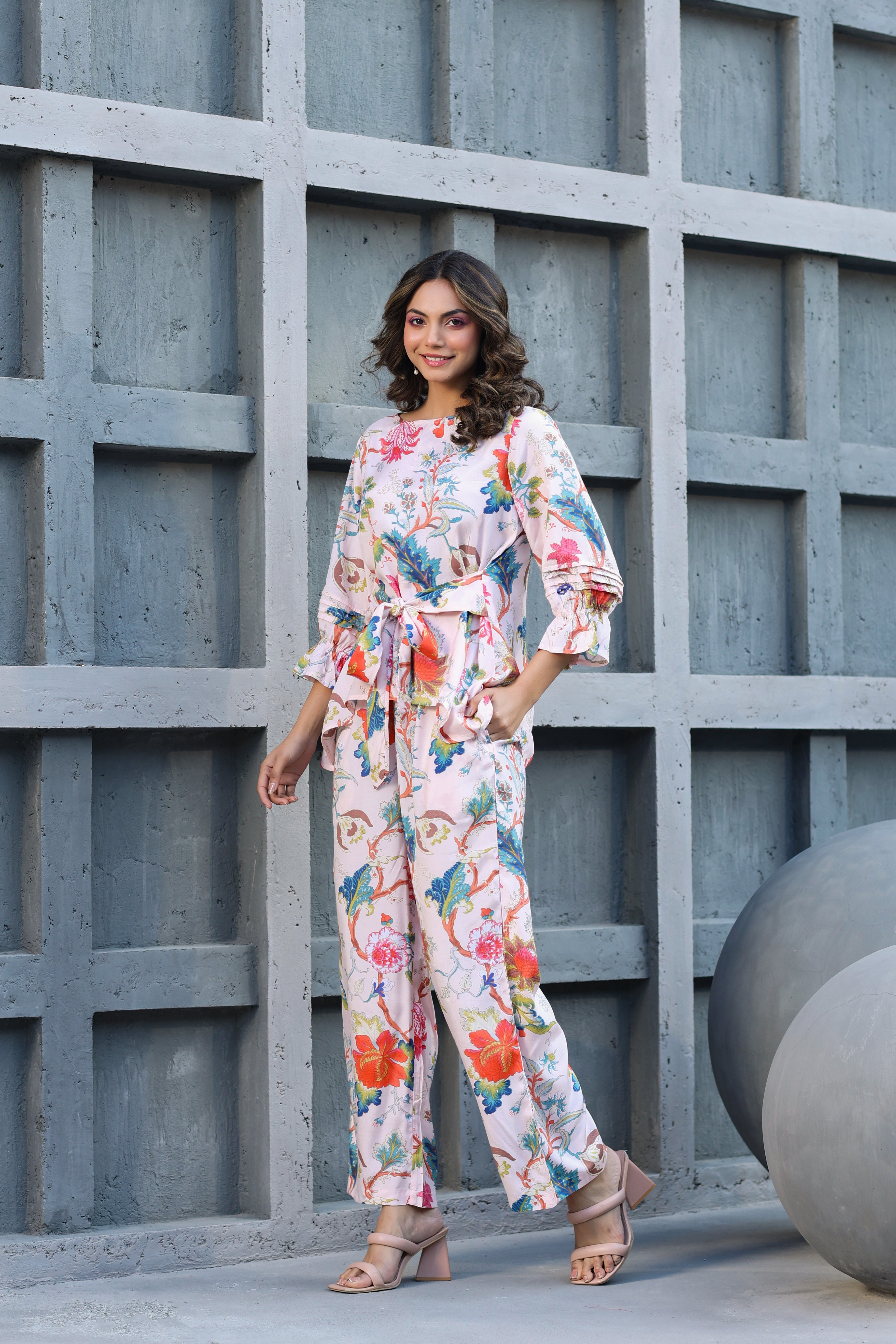 Floral Jaal on Pink Front Tie Russian Silk Co-ord set