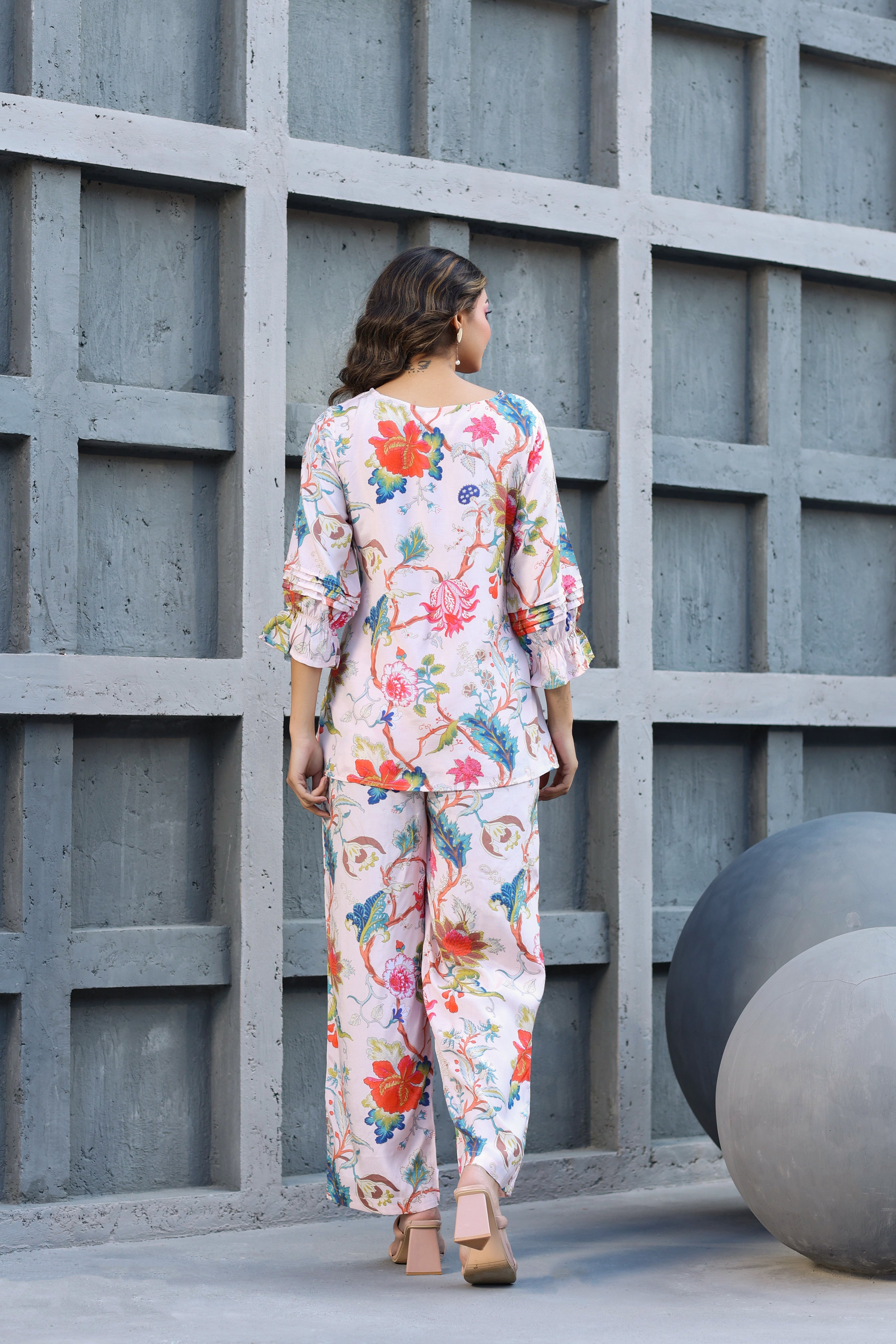 Floral Jaal on Pink Front Tie Russian Silk Co-ord set