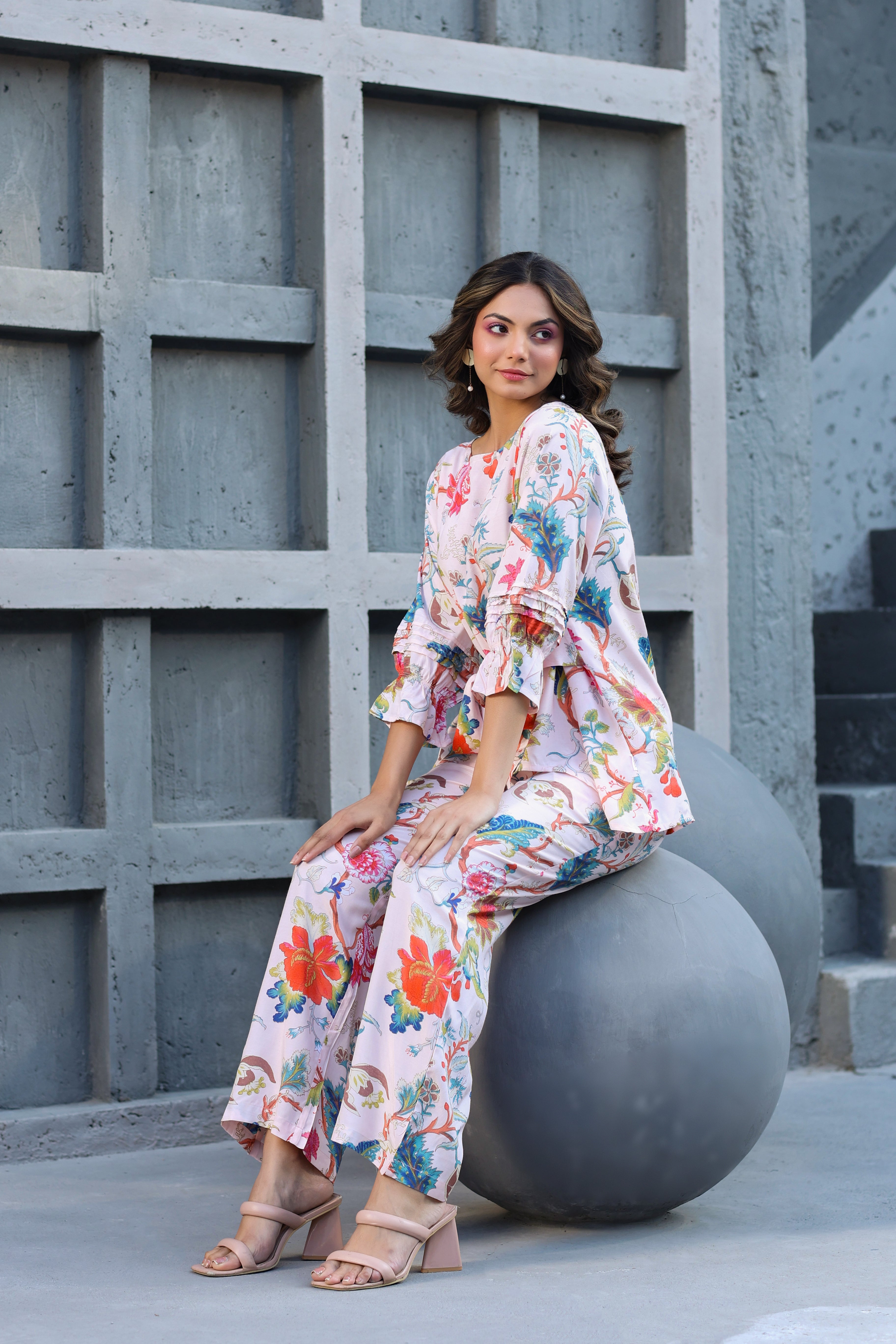 Floral Jaal on Pink Front Tie Russian Silk Co-ord set