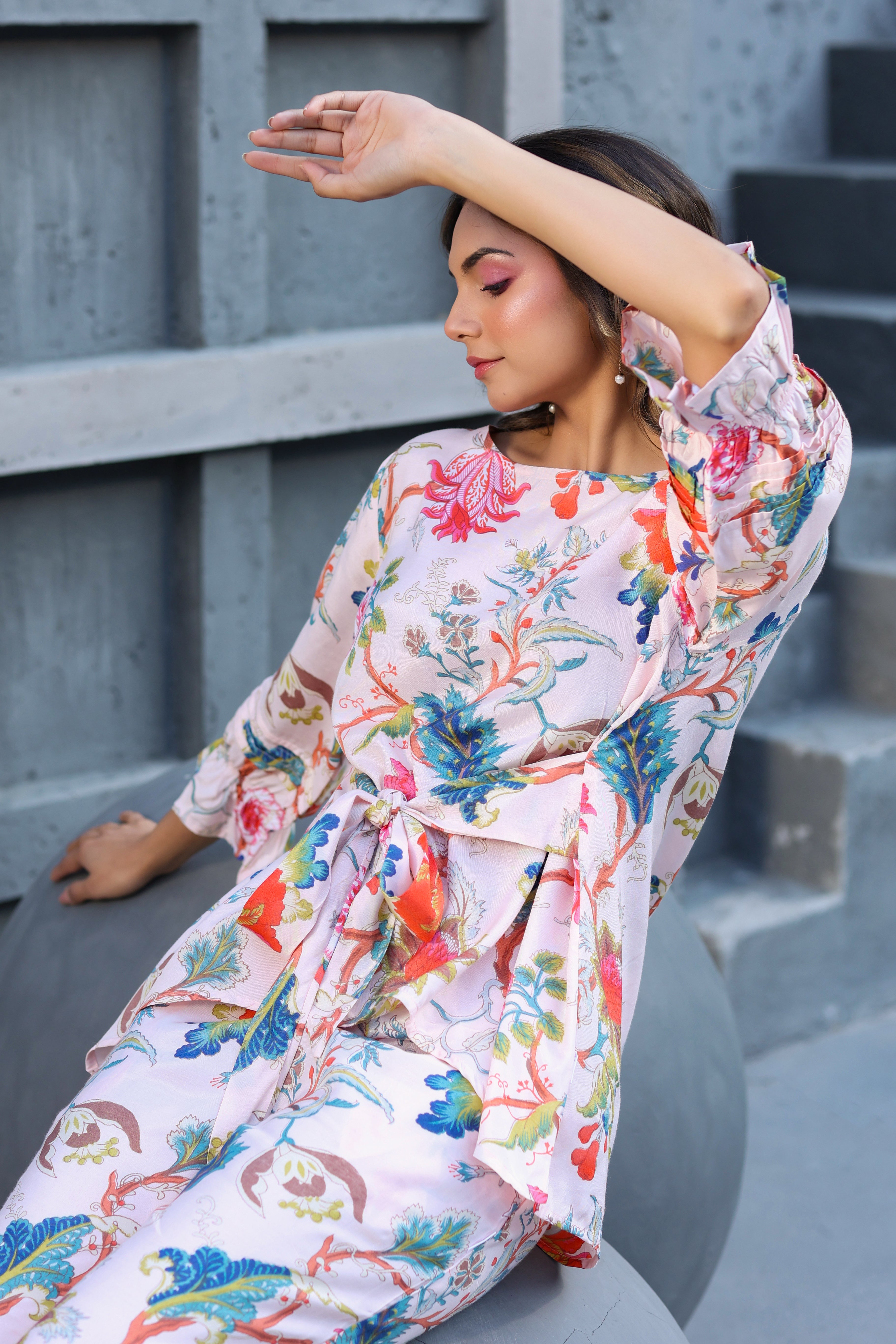 Floral Jaal on Pink Front Tie Russian Silk Co-ord set