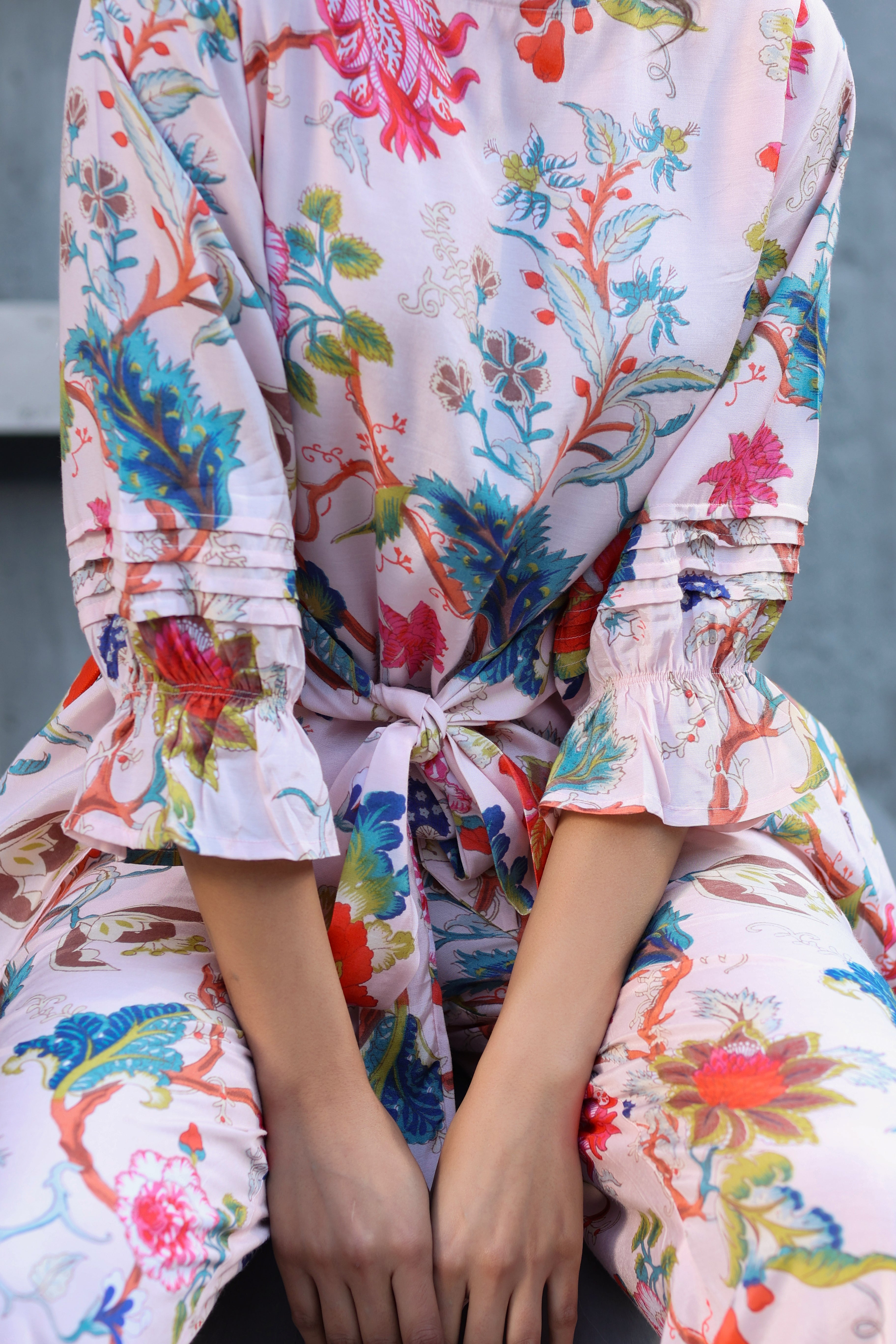 Floral Jaal on Pink Front Tie Russian Silk Co-ord set