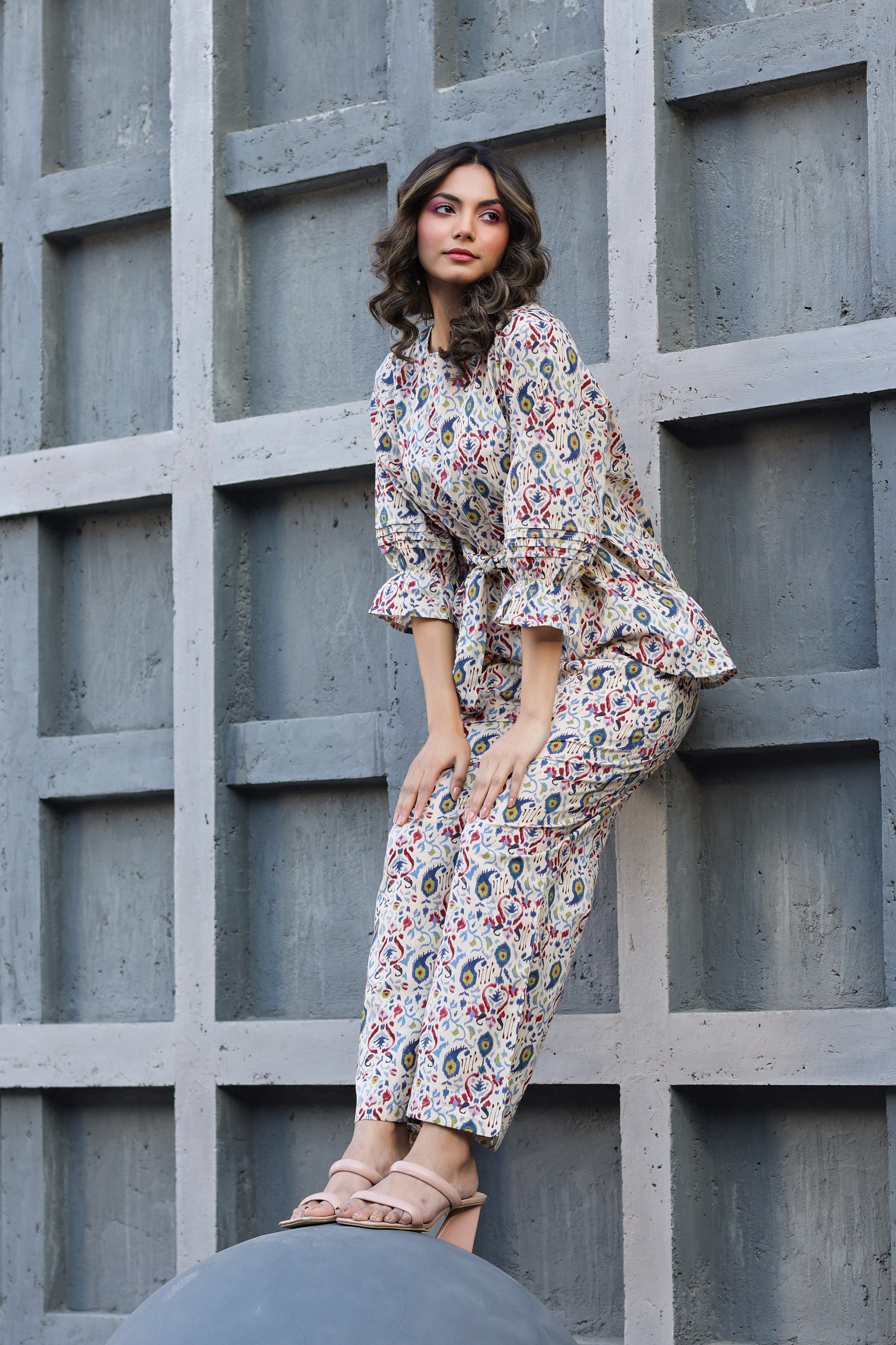 Ikat Multi Print on Off white Cotton Front tie Co-ord set