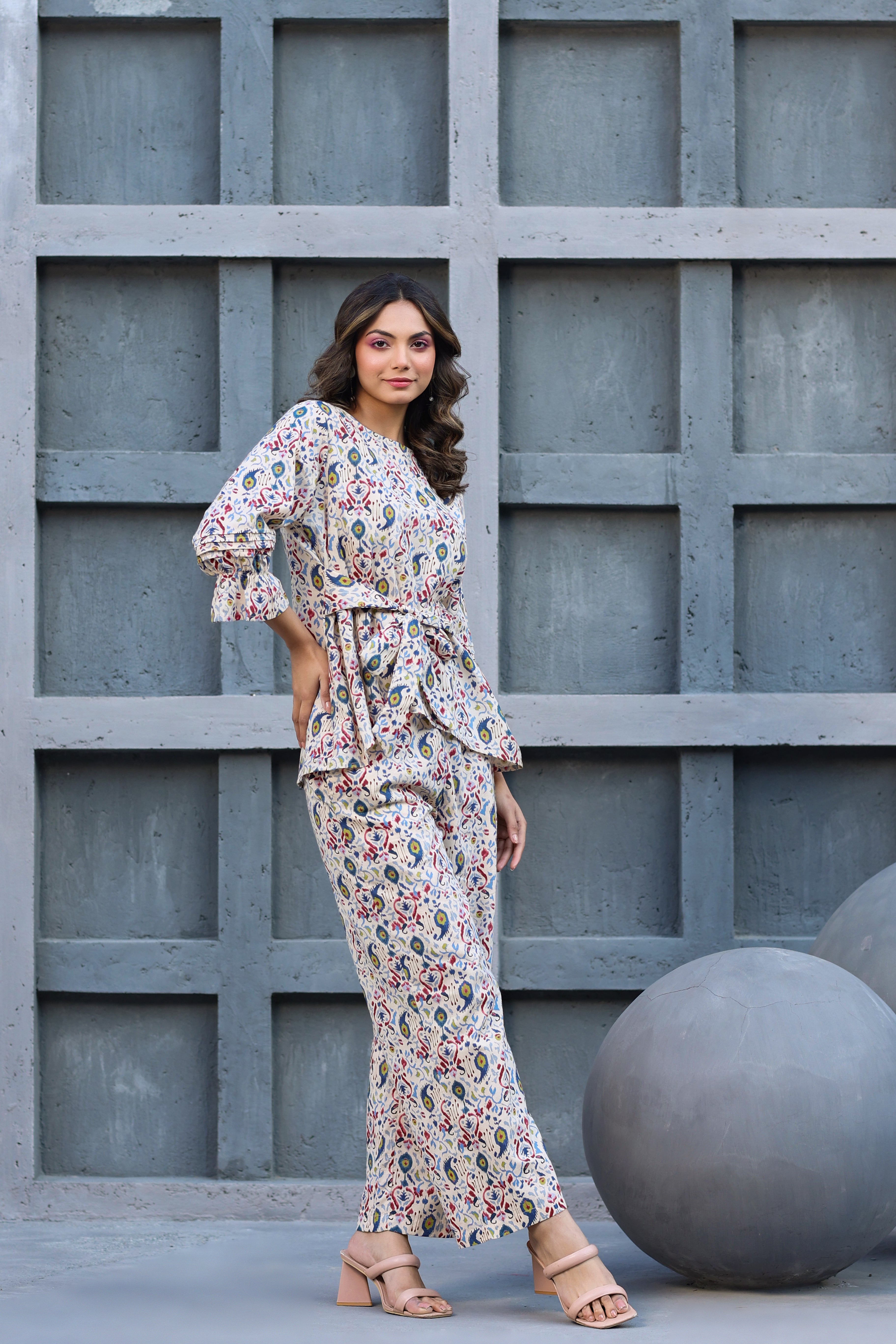 Ikat Multi Print on Off white Cotton Front tie Co-ord set