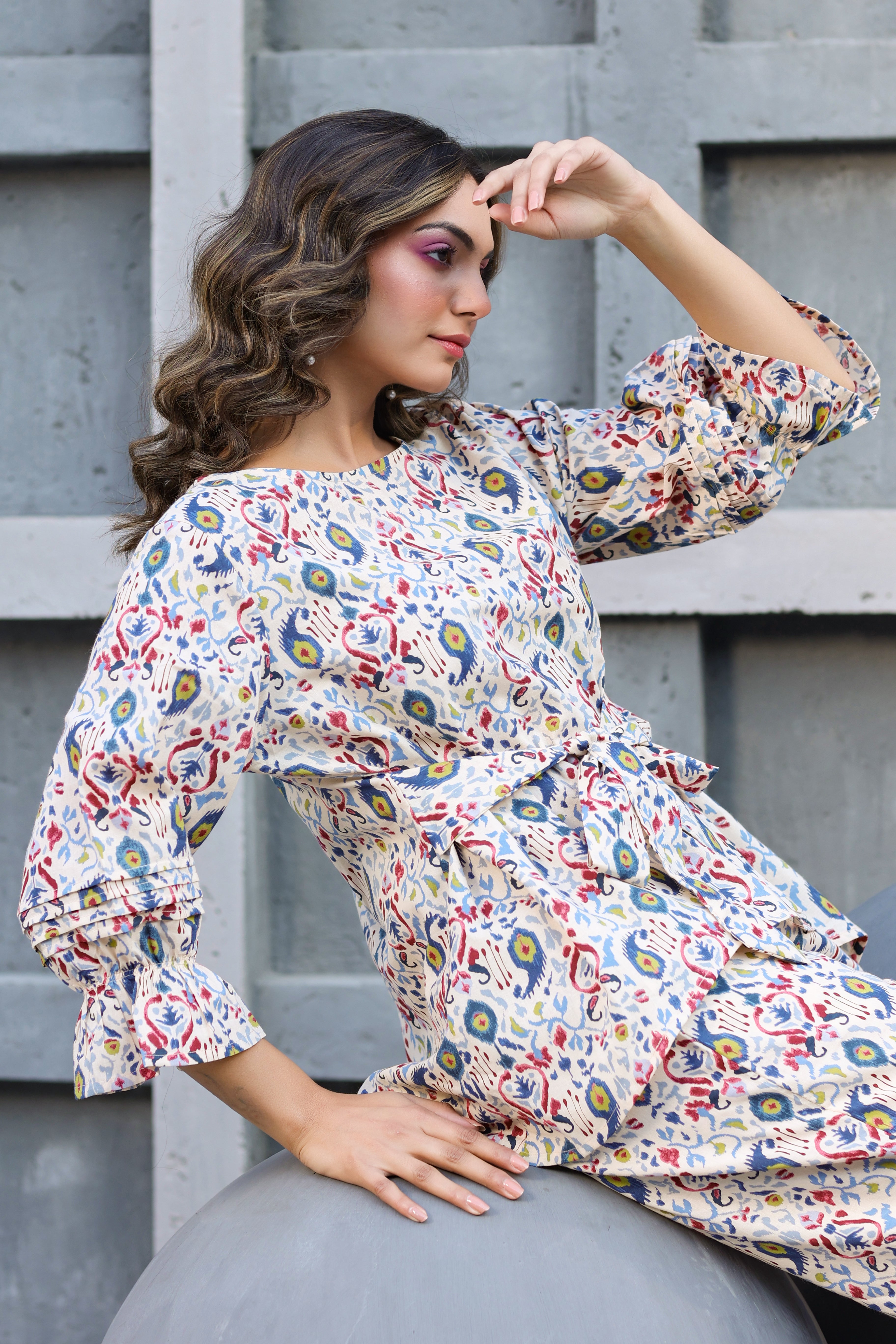 Ikat Multi Print on Off white Cotton Front tie Co-ord set