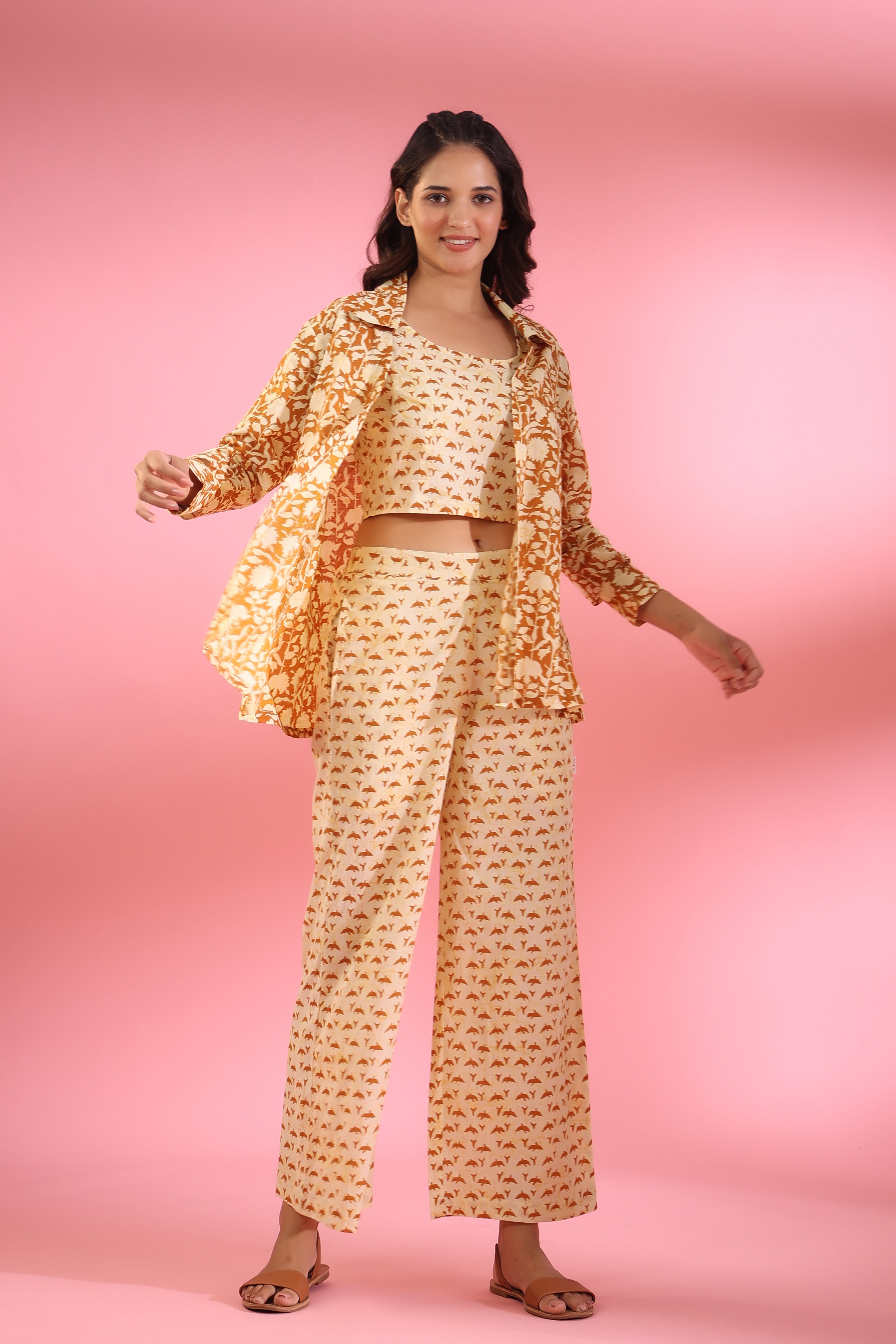 Motifs with Mustard Jaal on Shrug Cotton Three Piece Set