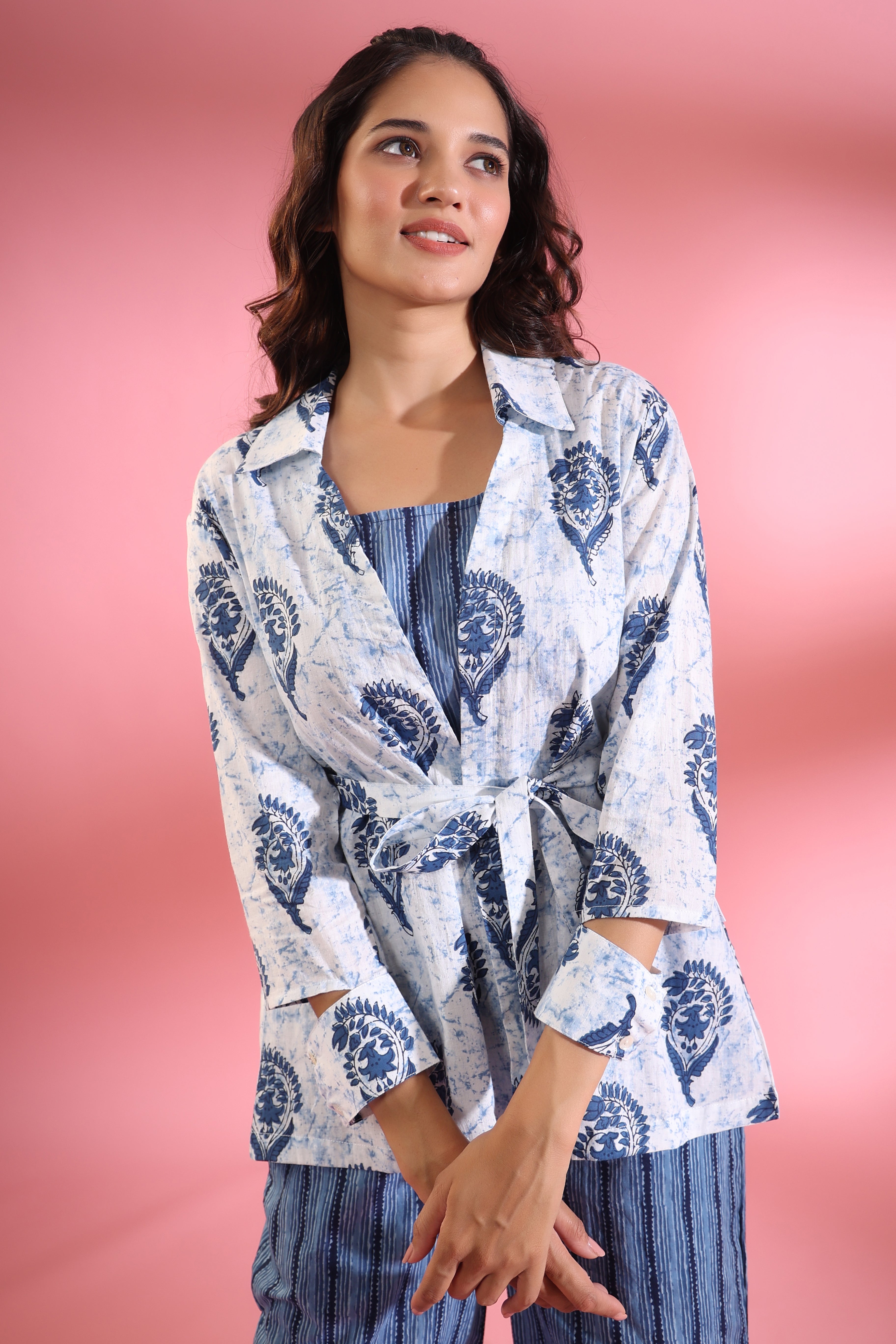 Parallel Lines with Traditional White Booti Shrug Cotton Three Piece Co-ord Set