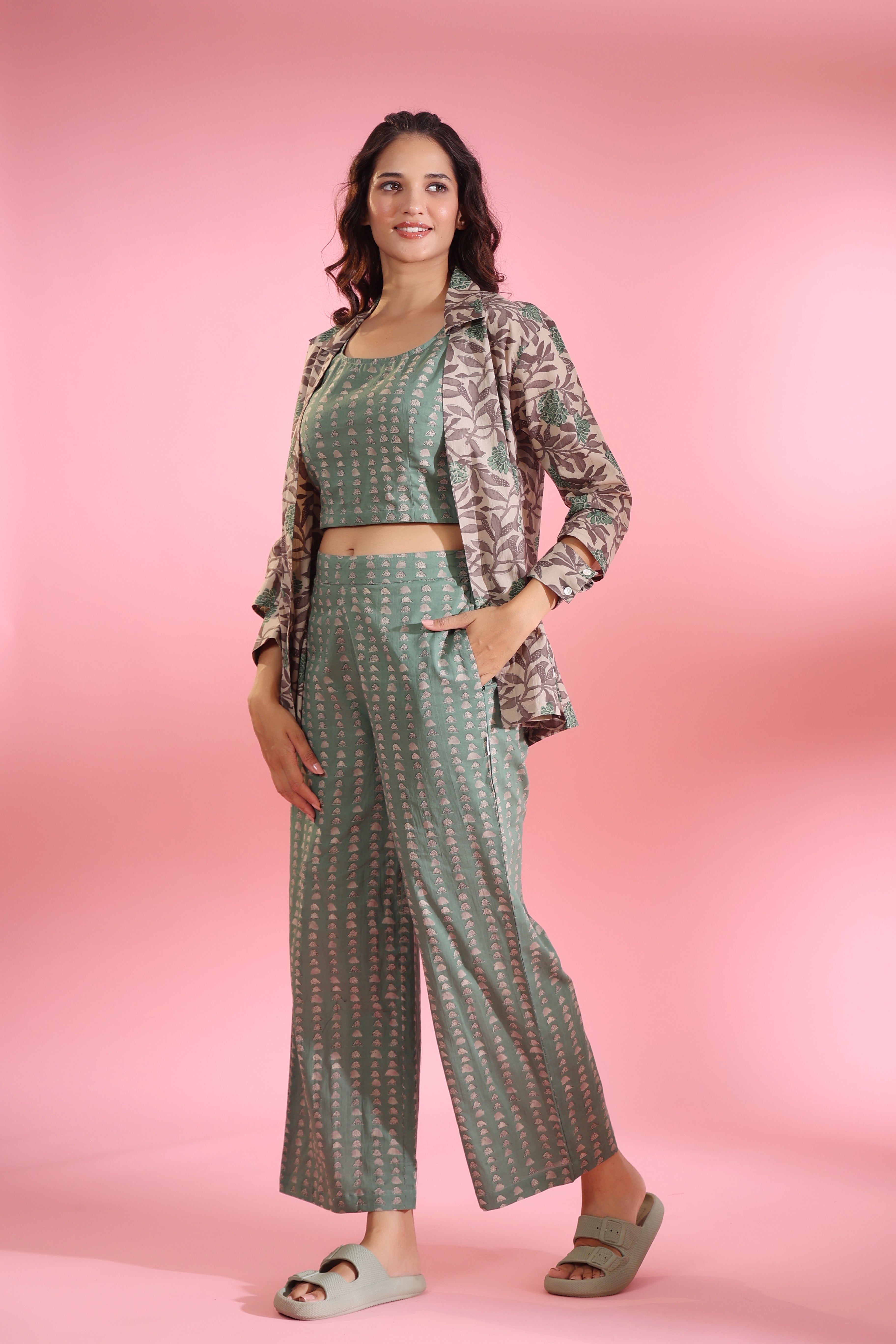 Parallel Lines with Grey Floral Shrug Cotton Three Piece Co-ord Set