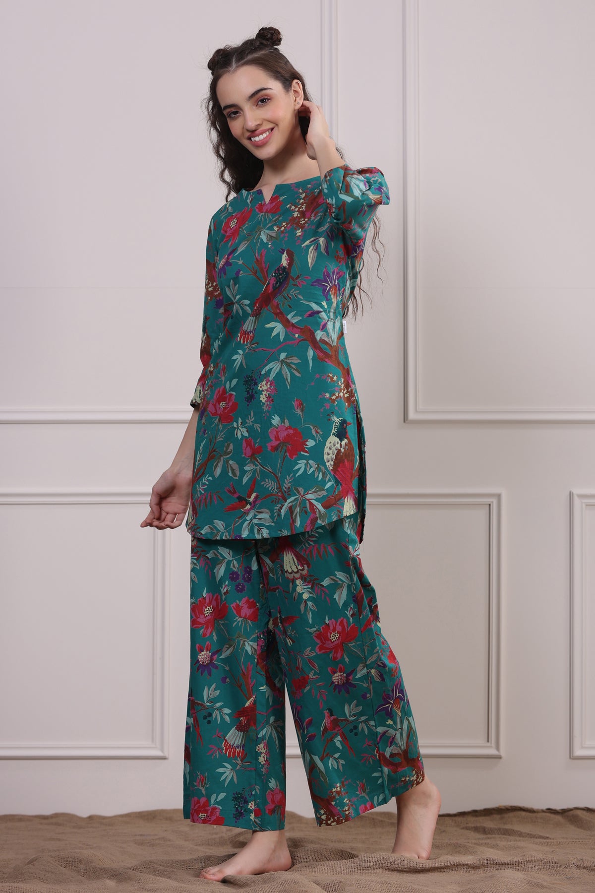 Chirping Bird on Teal Cotton Palazzo Loungewear Set