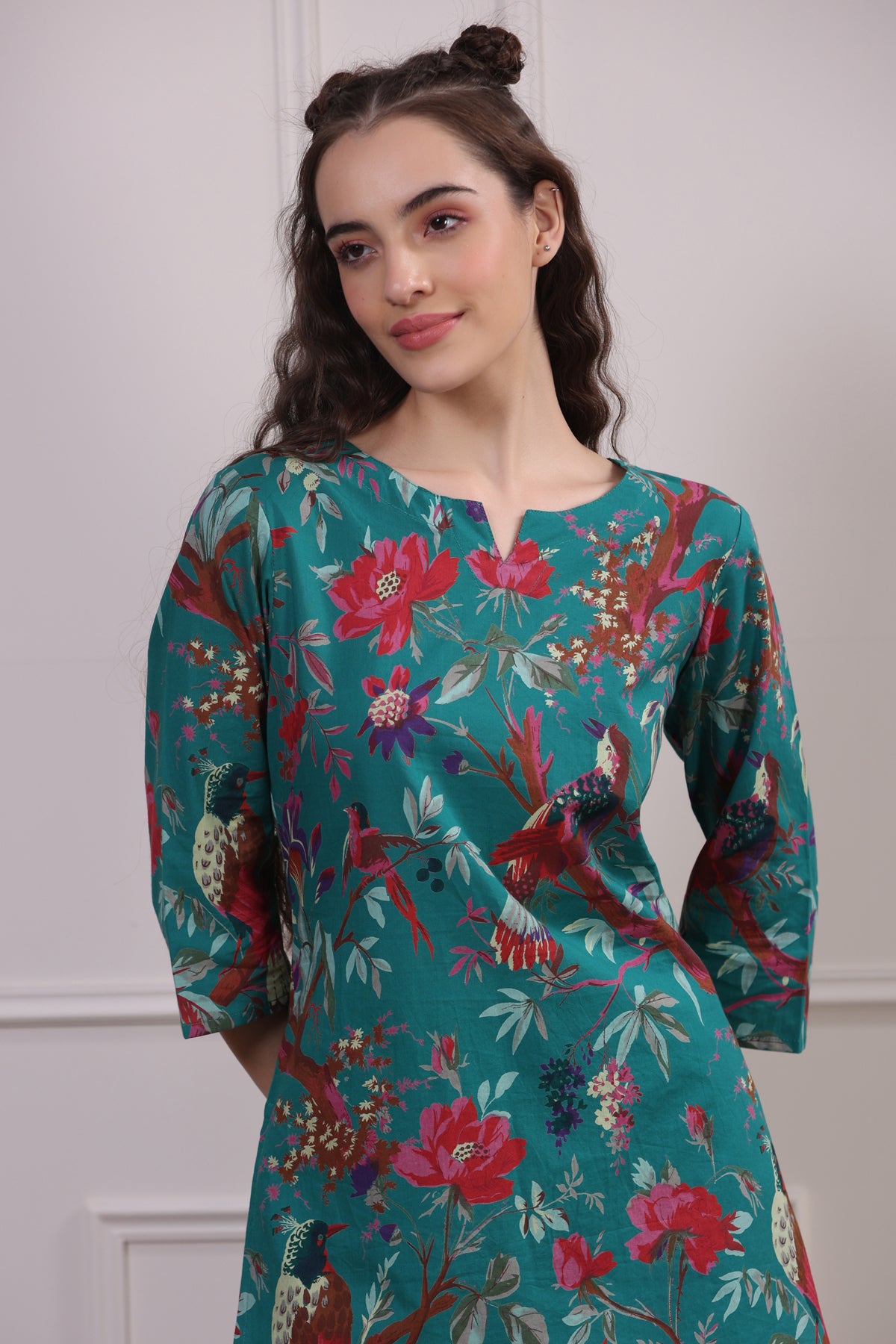 Chirping Bird on Teal Cotton Palazzo Loungewear Set