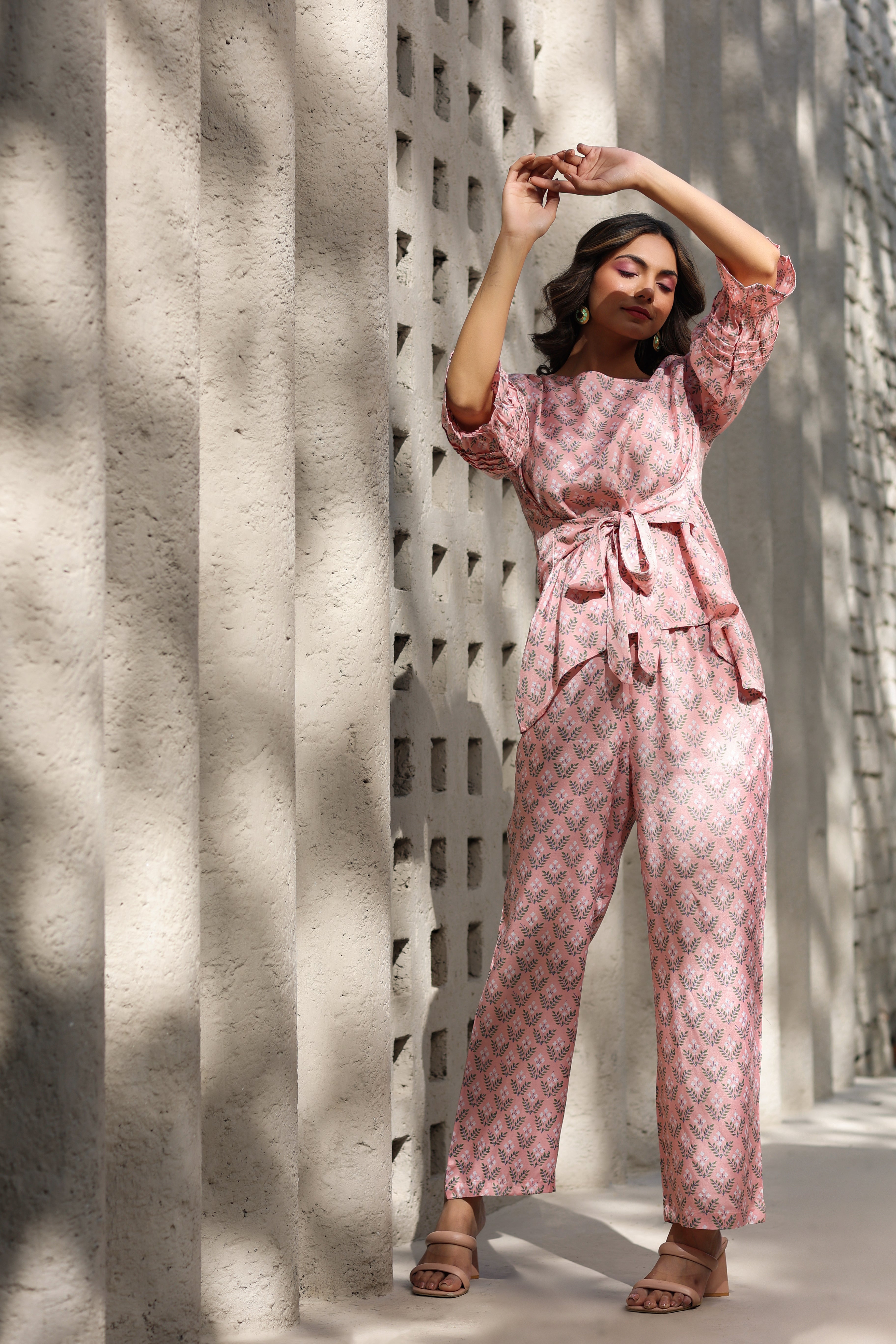 Orchids on Pink Front Tie Russian Silk Co-ord Set