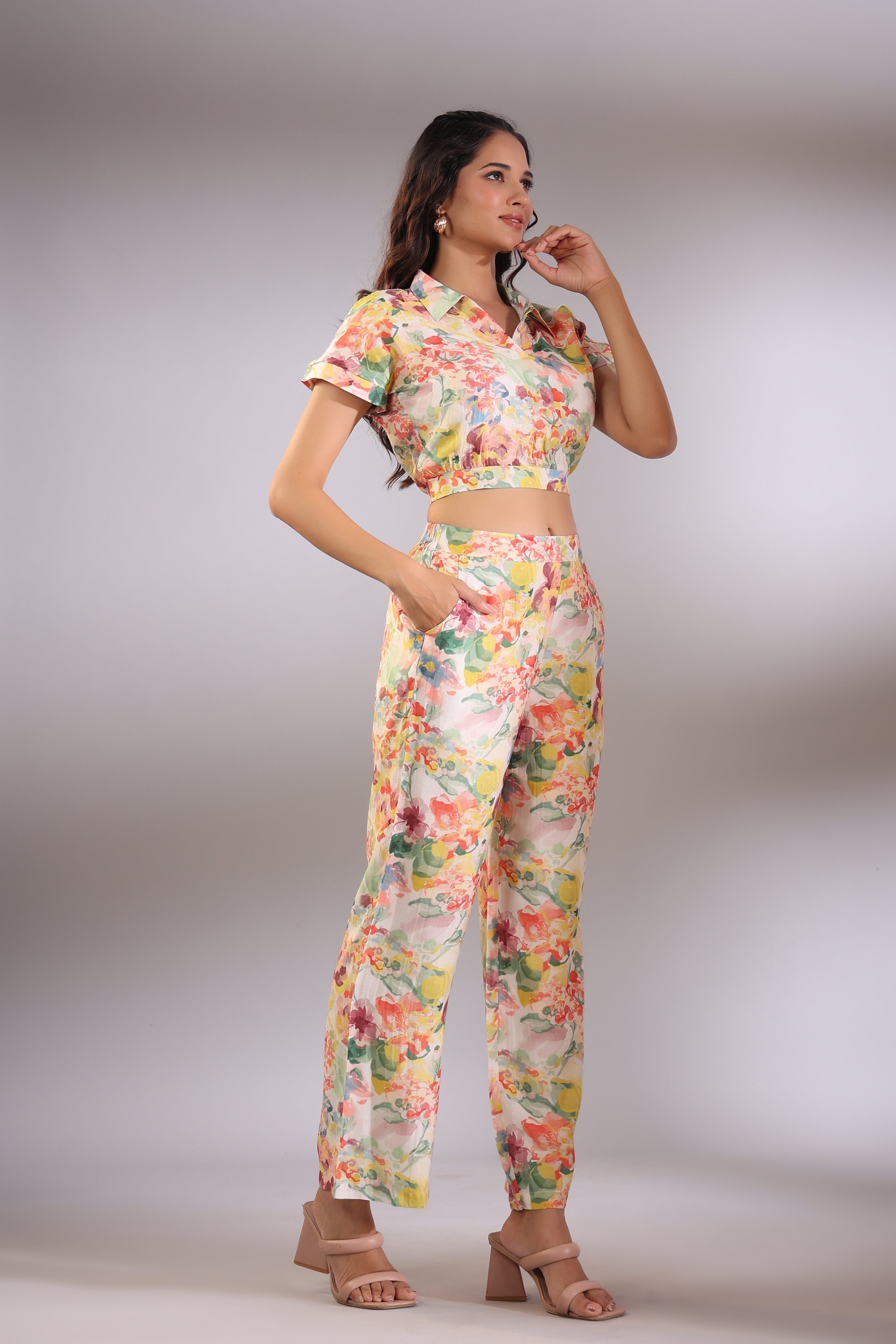 Cin Cin Muslin Silk Crop Top and Pants Co-ord Set