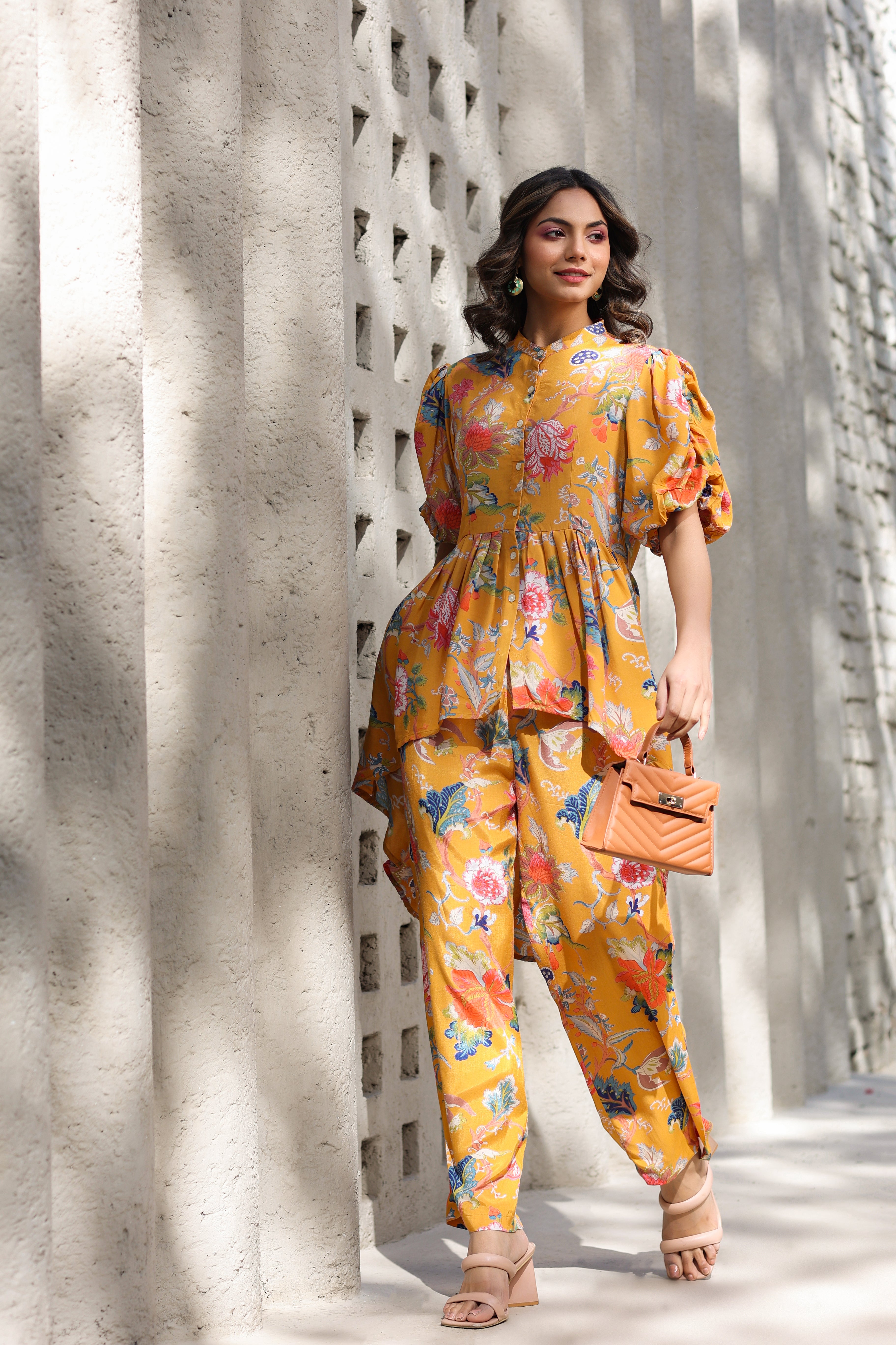 Floral Jaal on a Mustard Russian Silk Peplum Co-ord Set