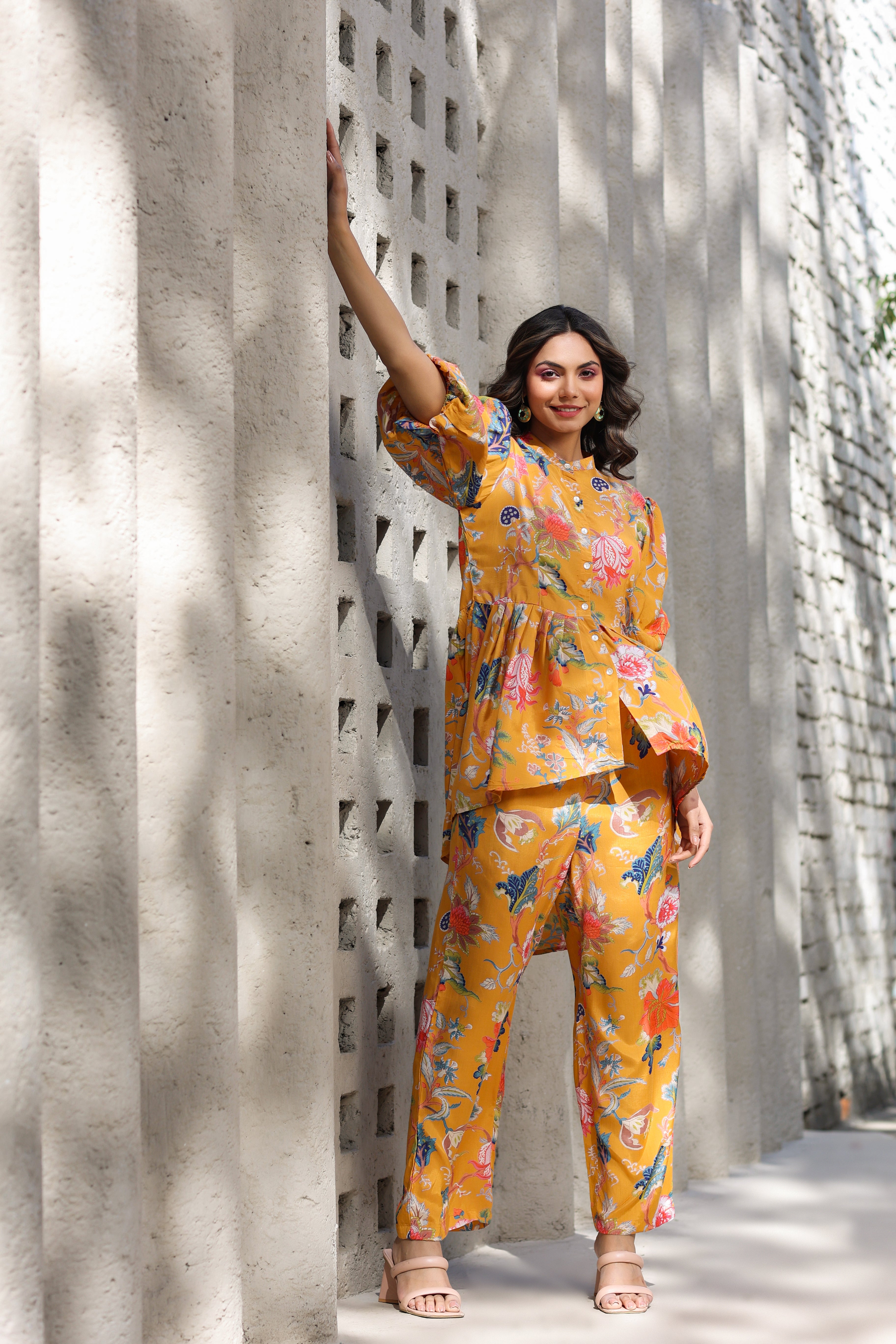 Floral Jaal on a Mustard Russian Silk Peplum Co-ord Set