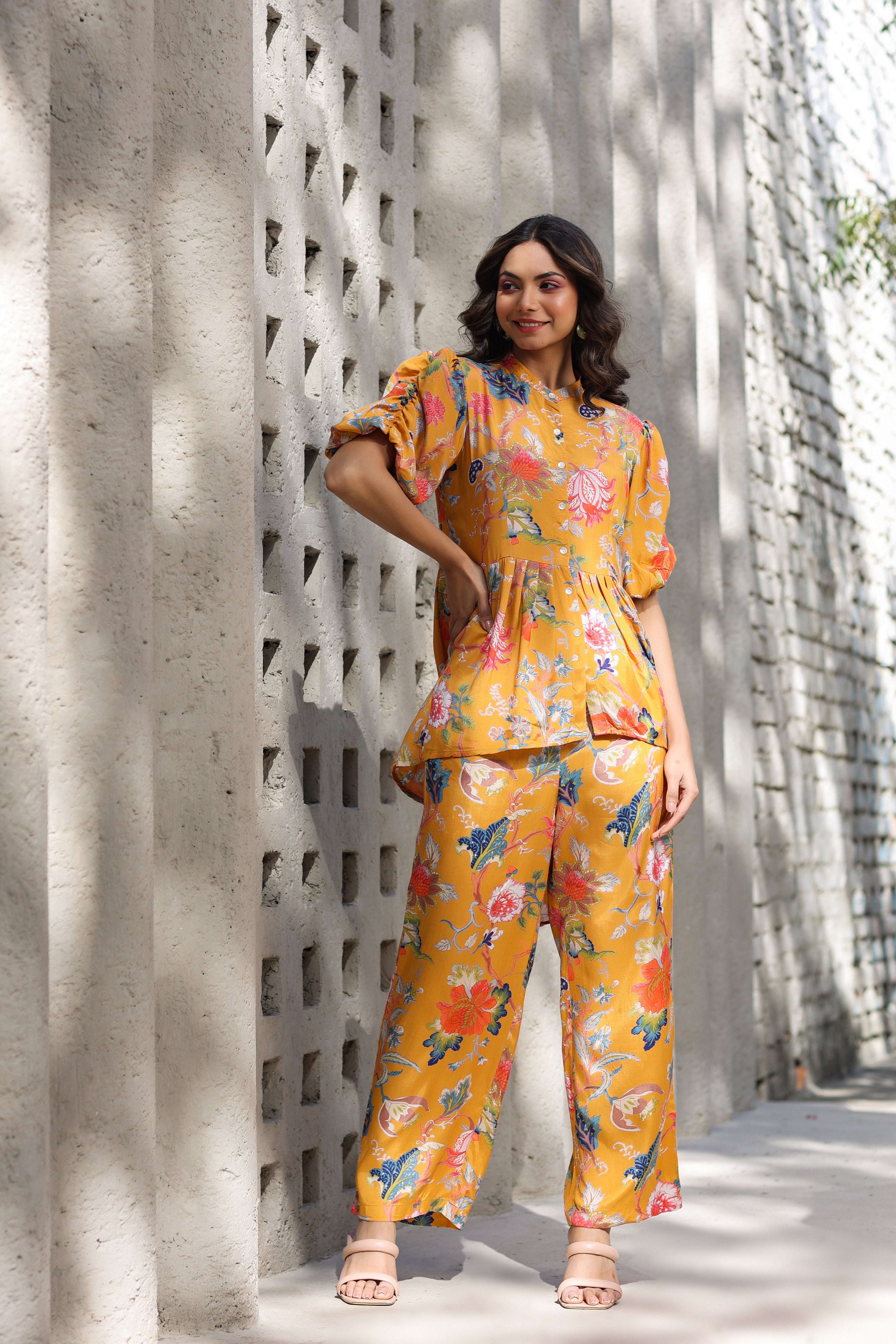 Floral Jaal on a Mustard Russian Silk Peplum Co-ord Set