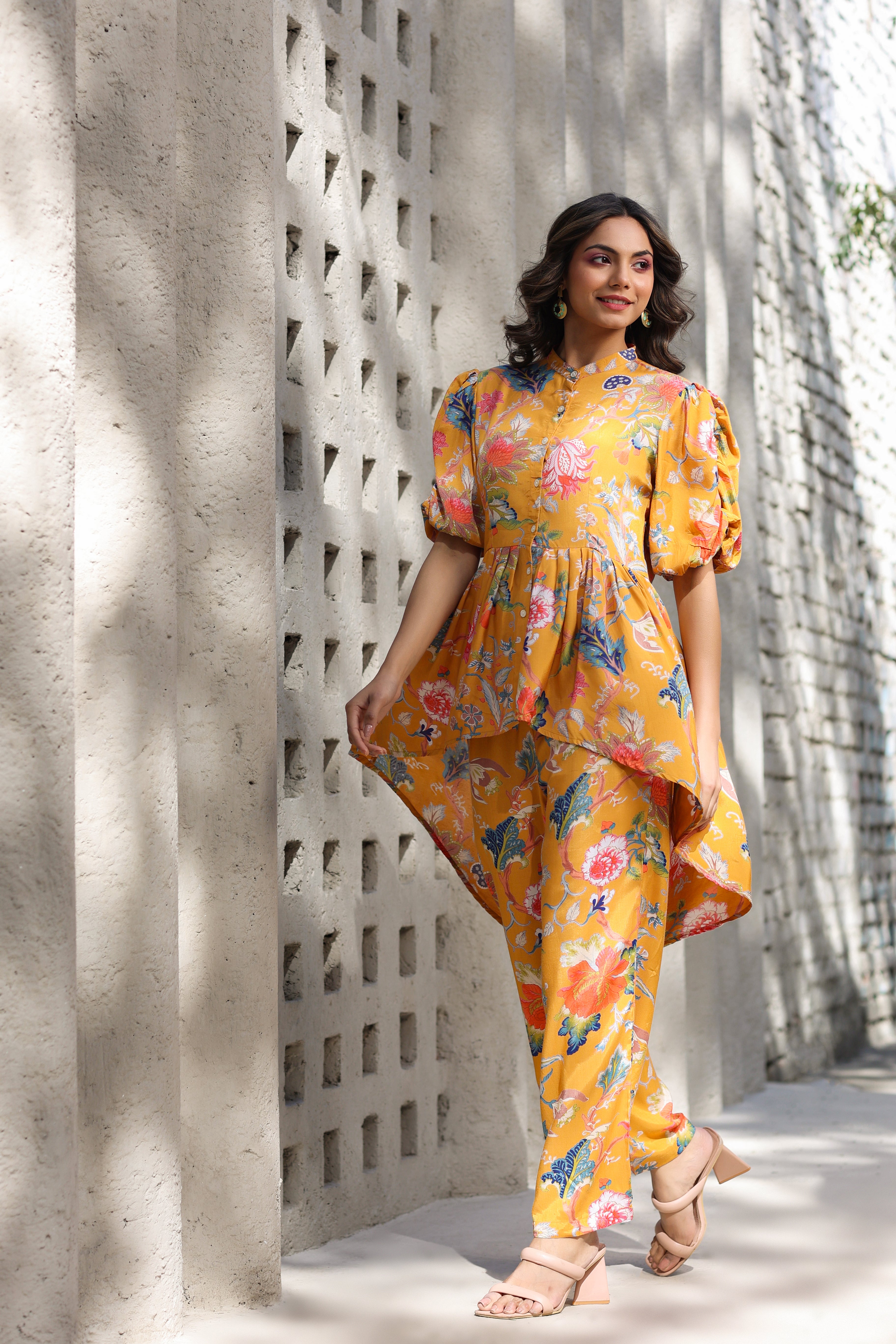 Floral Jaal on a Mustard Russian Silk Peplum Co-ord Set