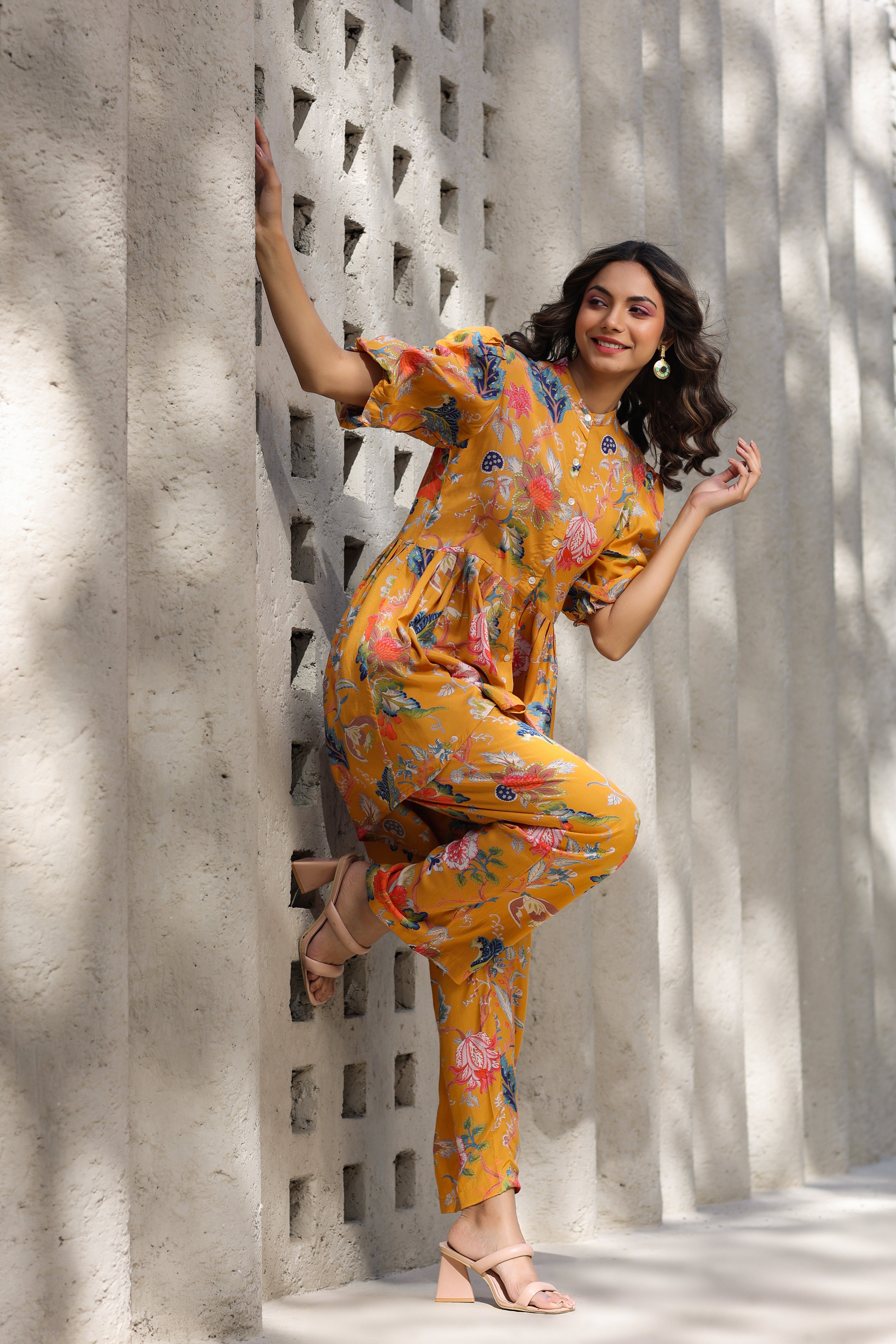 Floral Jaal on a Mustard Russian Silk Peplum Co-ord Set
