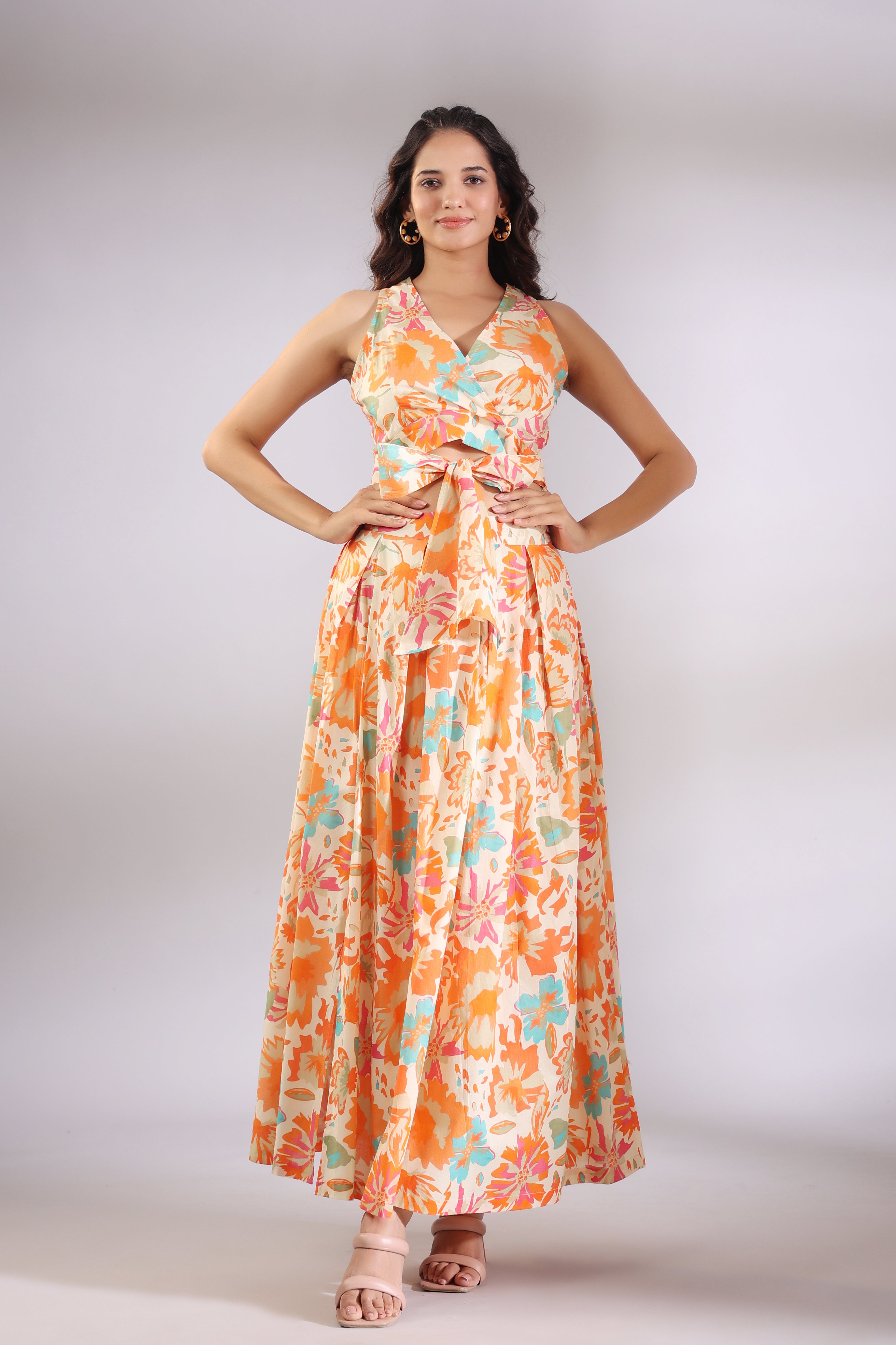 Orange Pop on Cotton Skirt and Crop Top Set