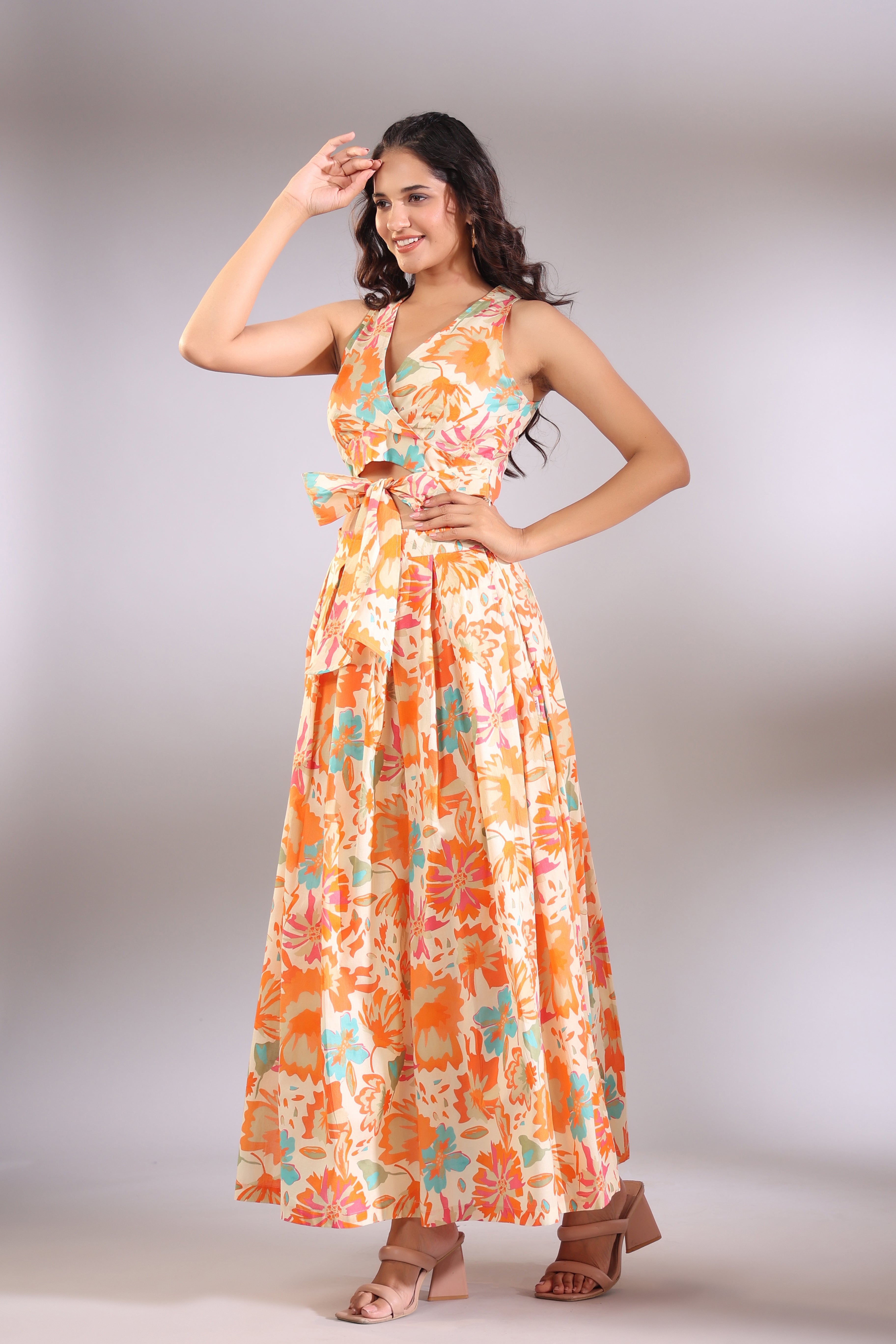 Orange Pop on Cotton Skirt and Crop Top Set