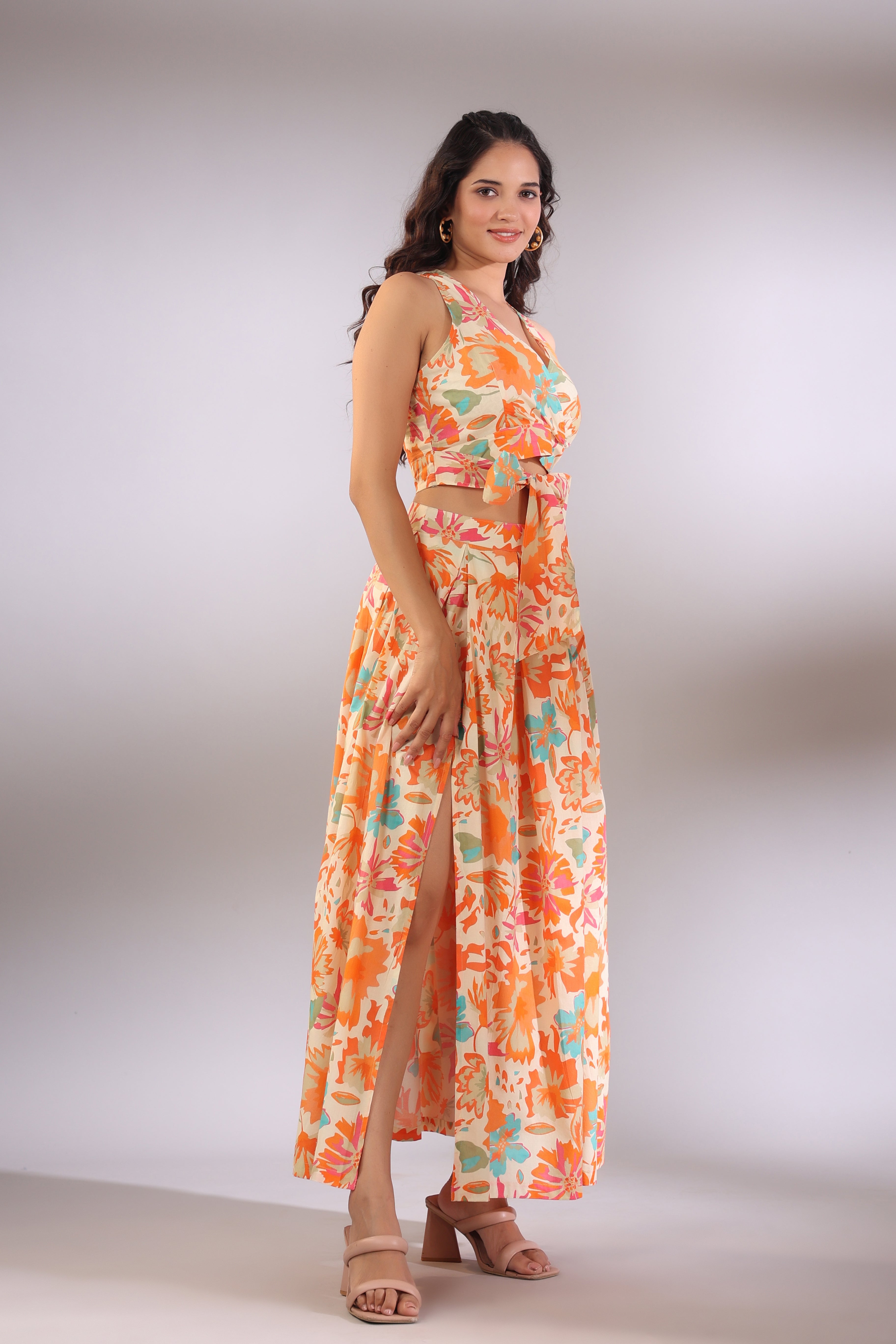 Orange Pop on Cotton Skirt and Crop Top Set