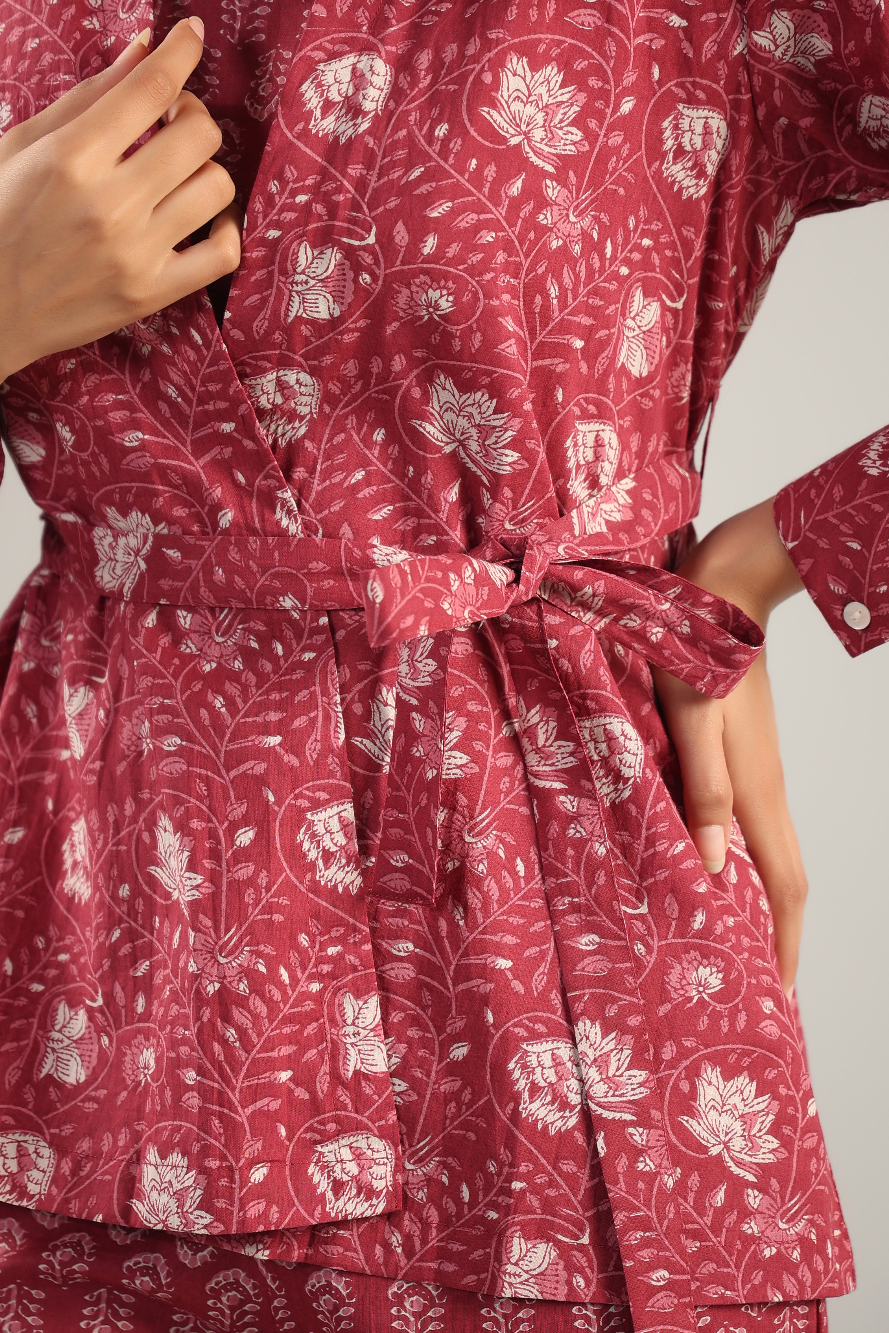 Floral fit Maroon Cotton Three Piece Co-ord Set