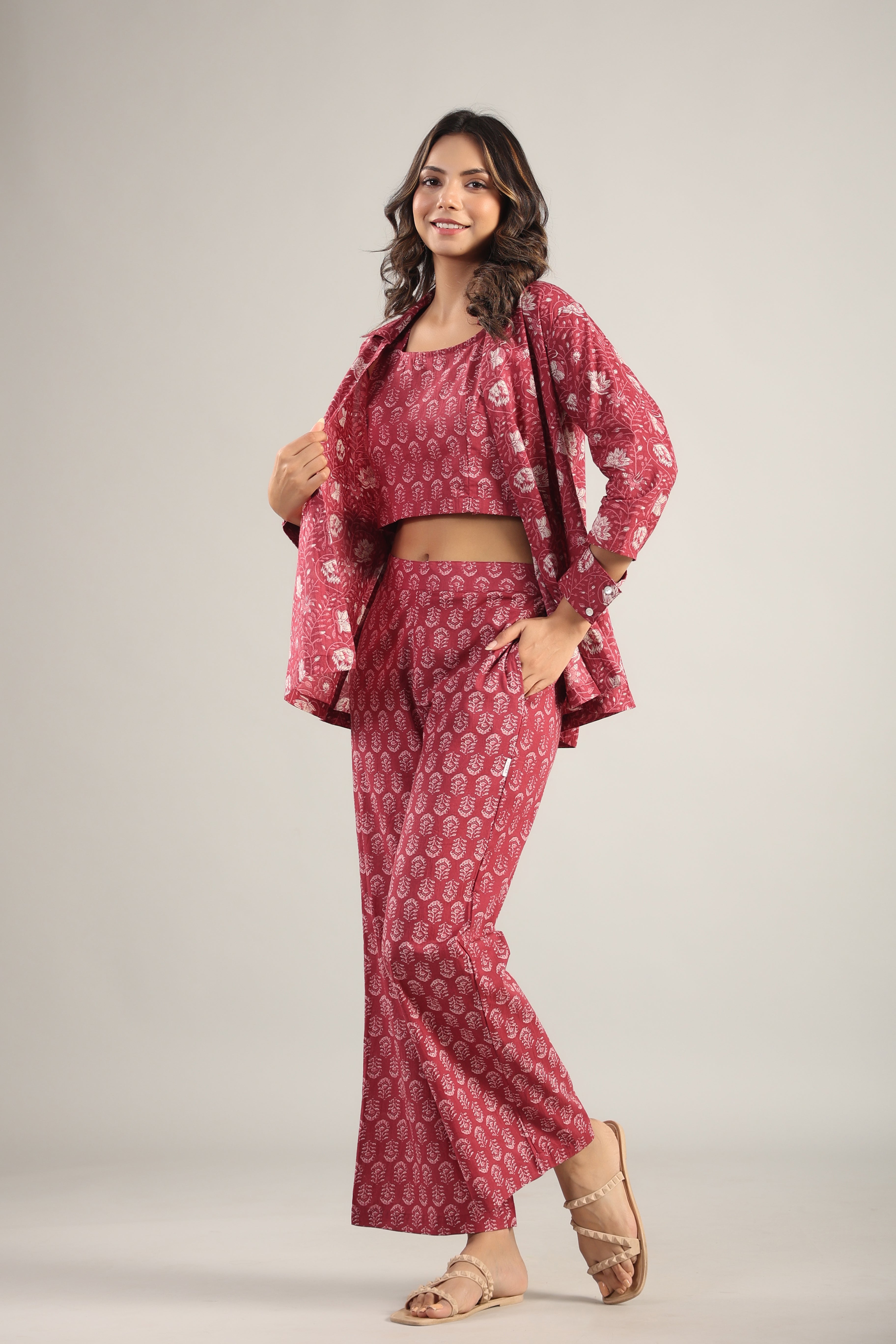 Floral fit Maroon Cotton Three Piece Co-ord Set