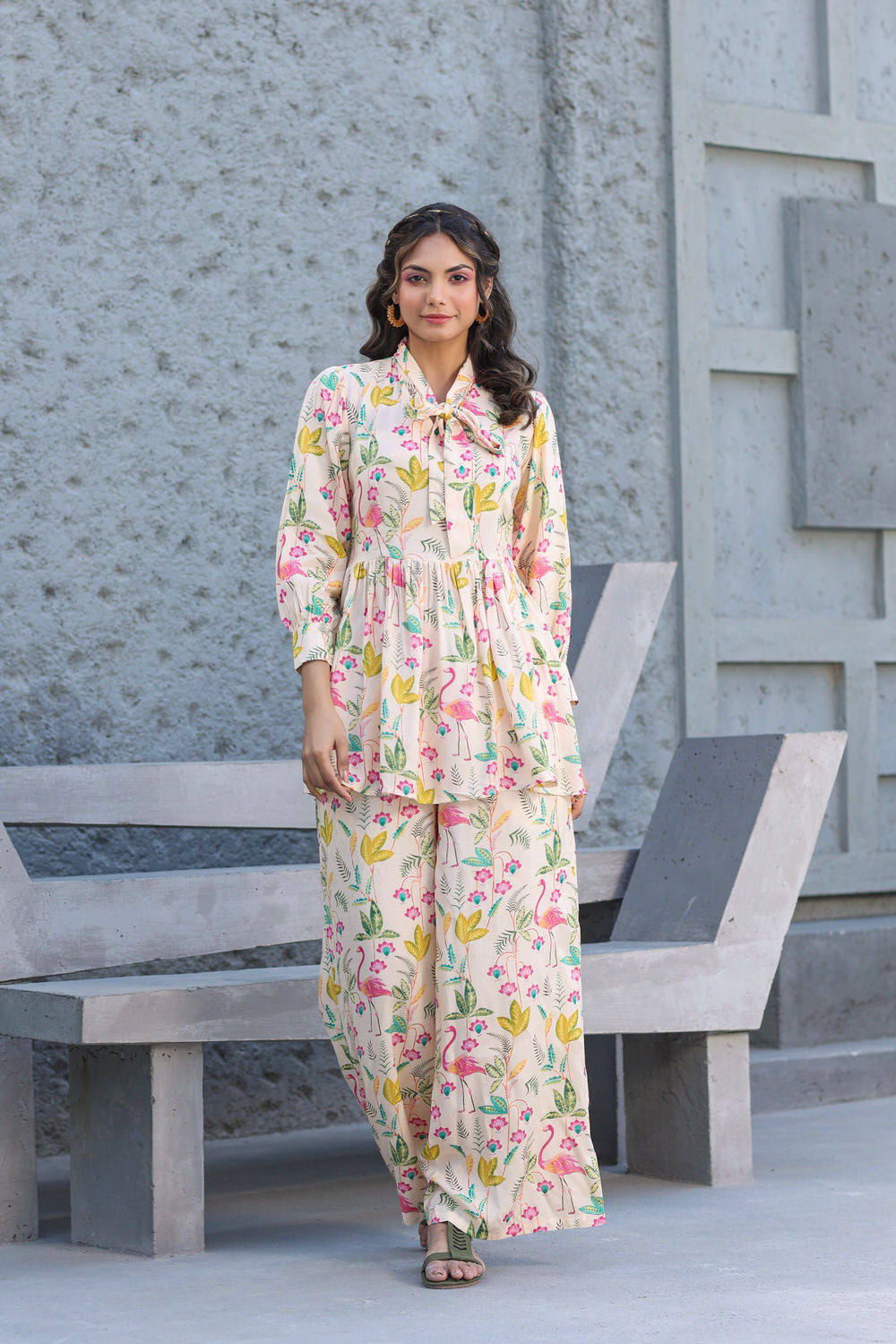 Flamingo Muslin Silk Beige Front Bow Co-ord set