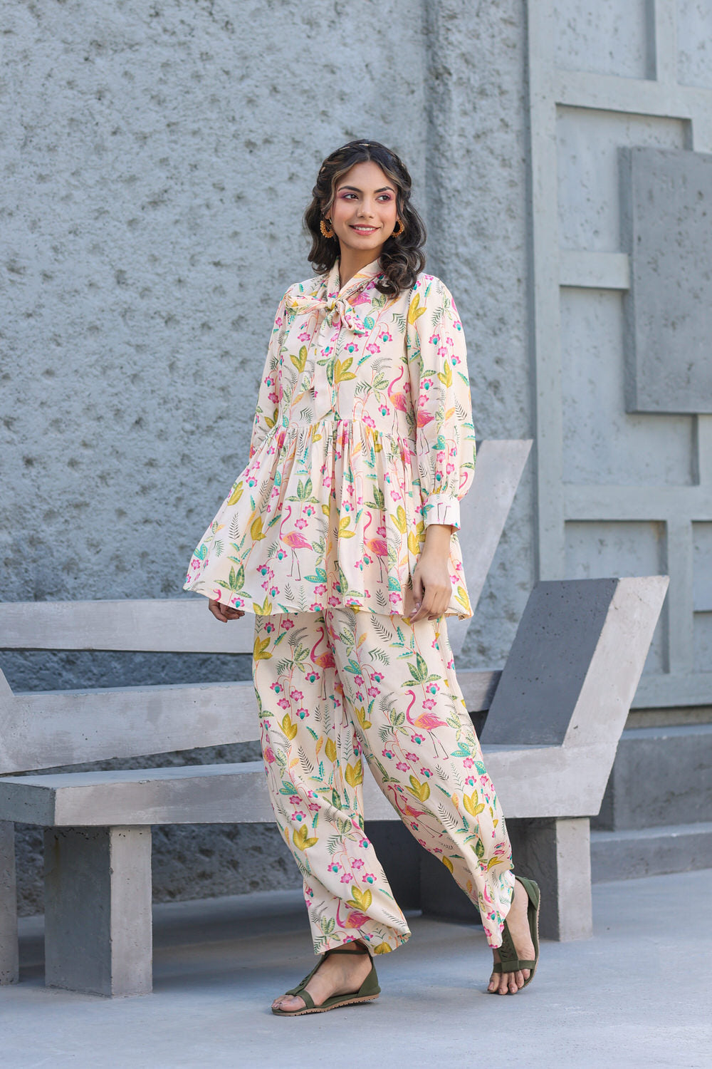 Flamingo Muslin Silk Beige Front Bow Co-ord set