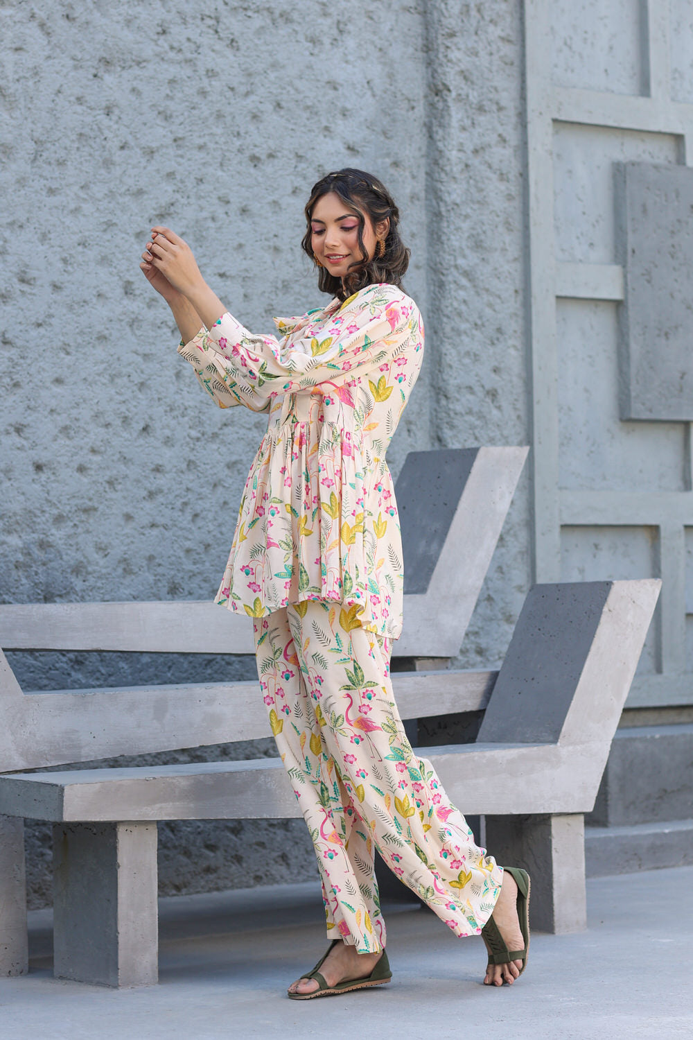 Flamingo Muslin Silk Beige Front Bow Co-ord set