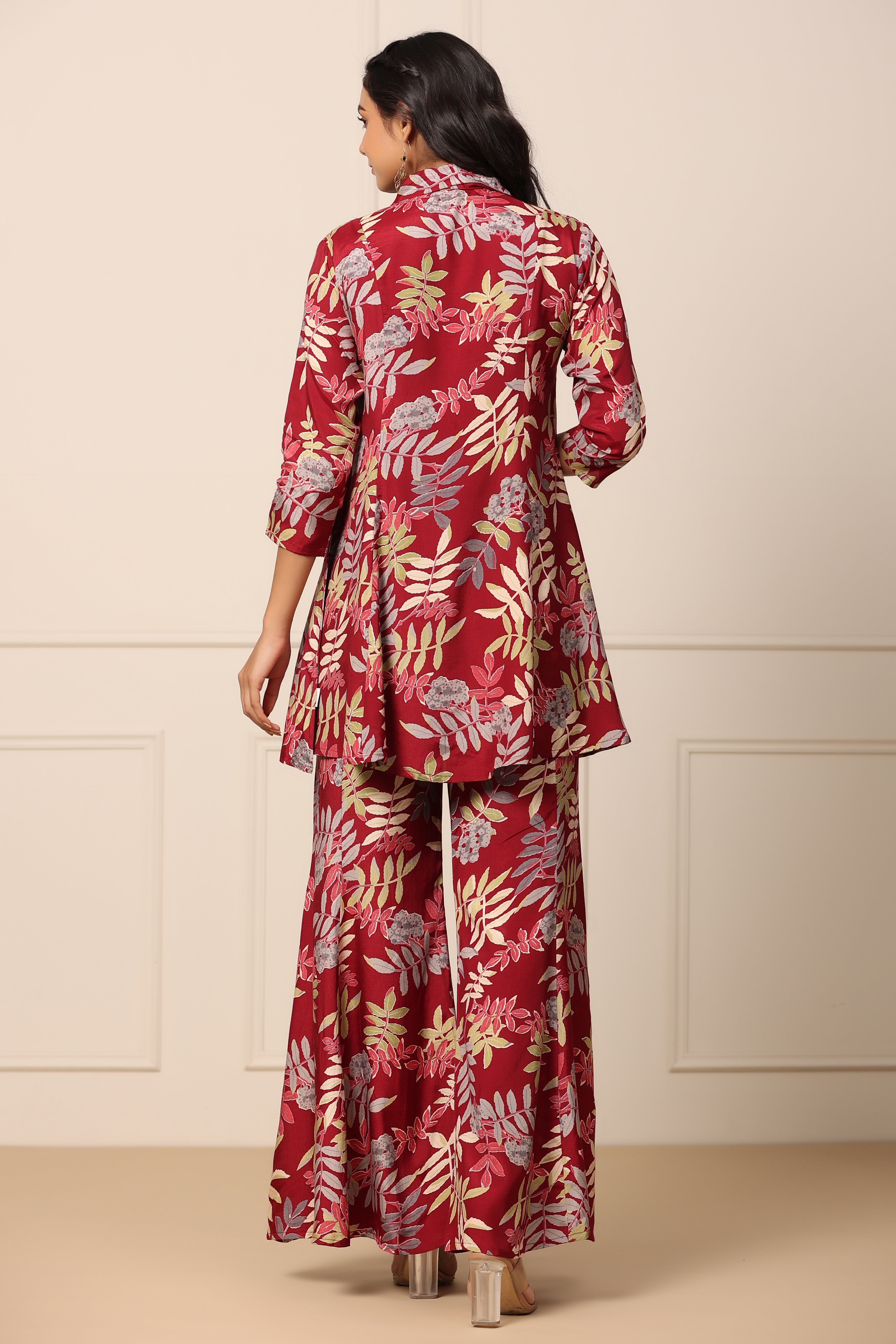 Tropical Maroon Russian Silk Co-ord Set