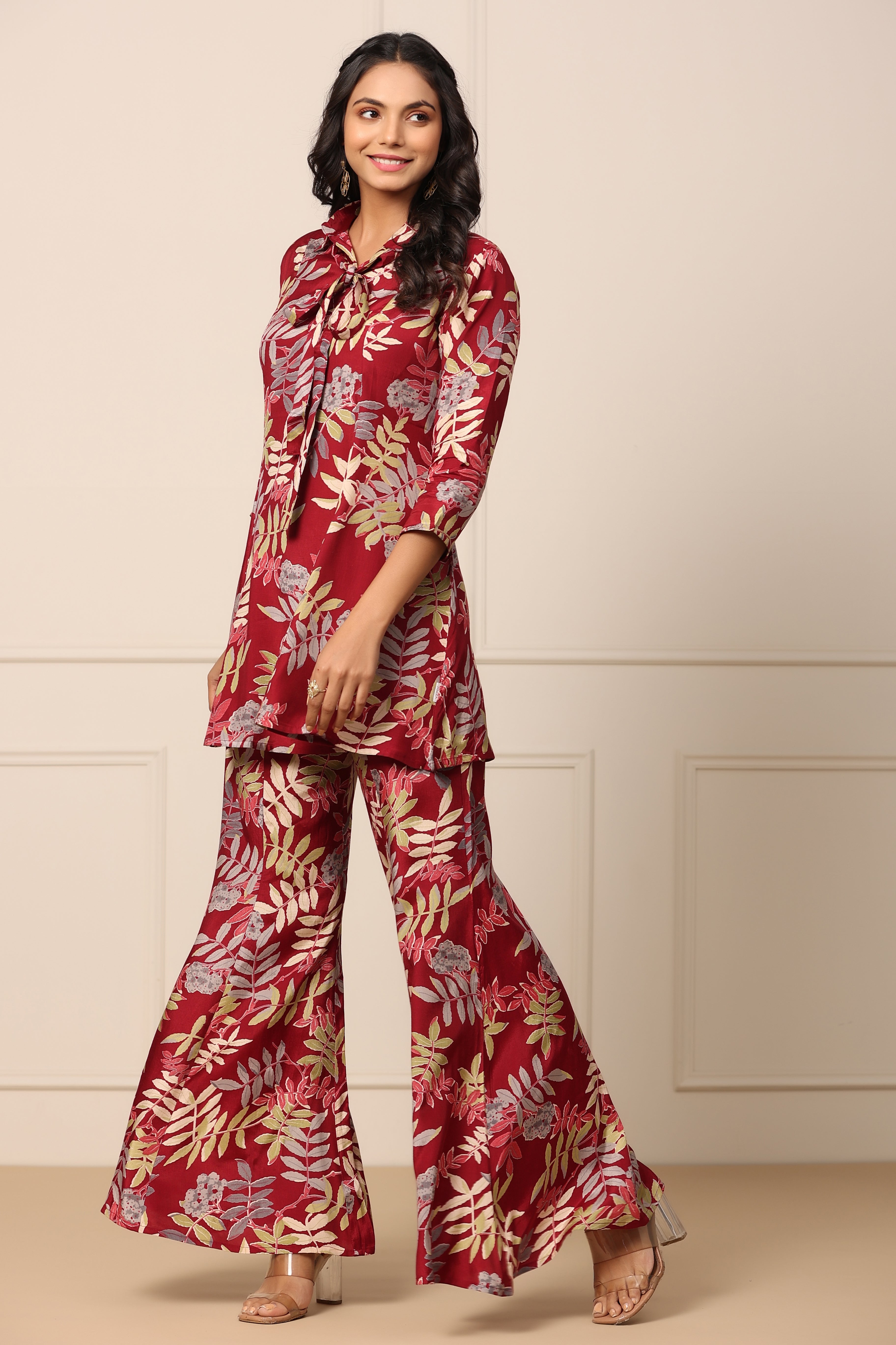 Tropical Maroon Russian Silk Co-ord Set