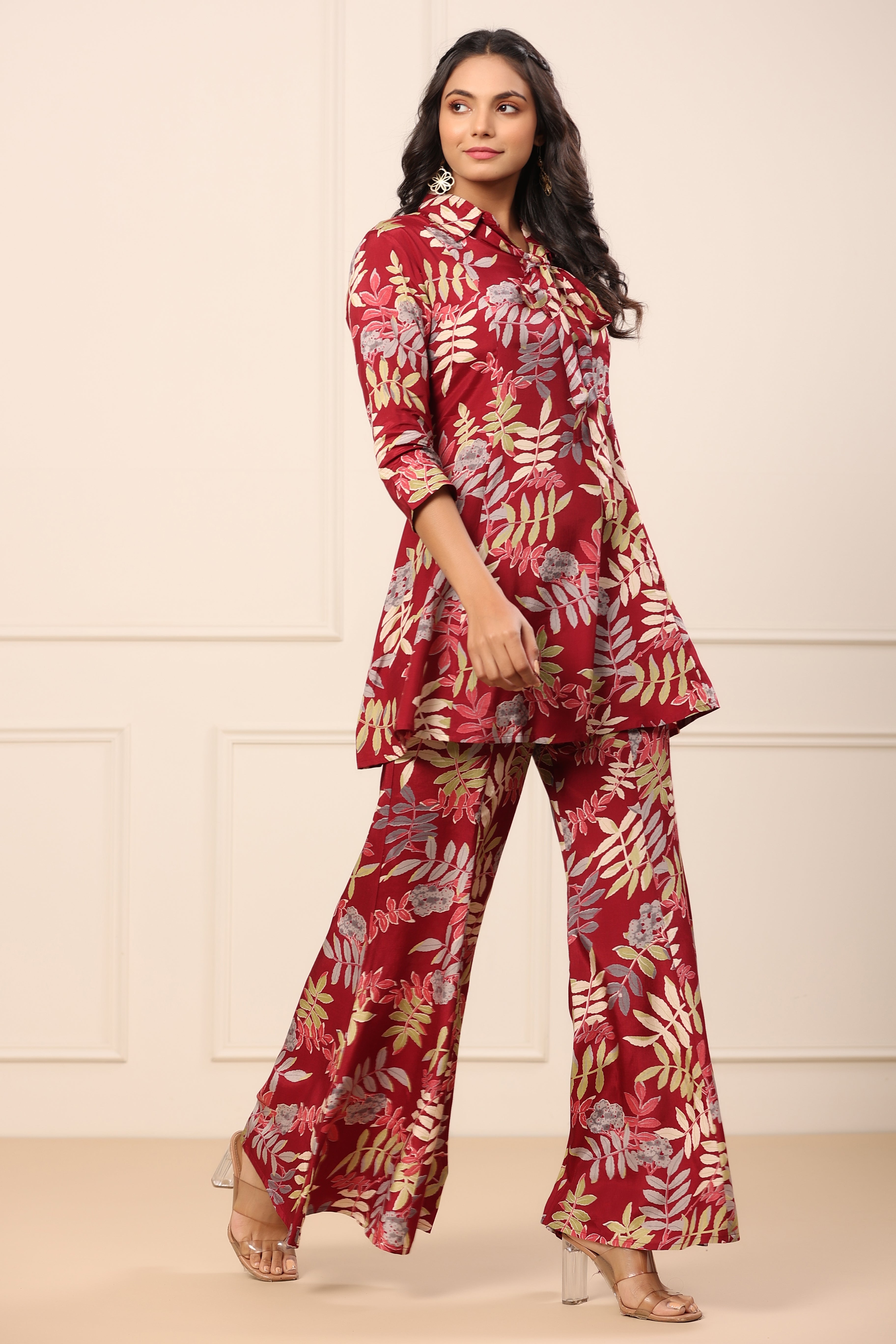 Tropical Maroon Russian Silk Co-ord Set