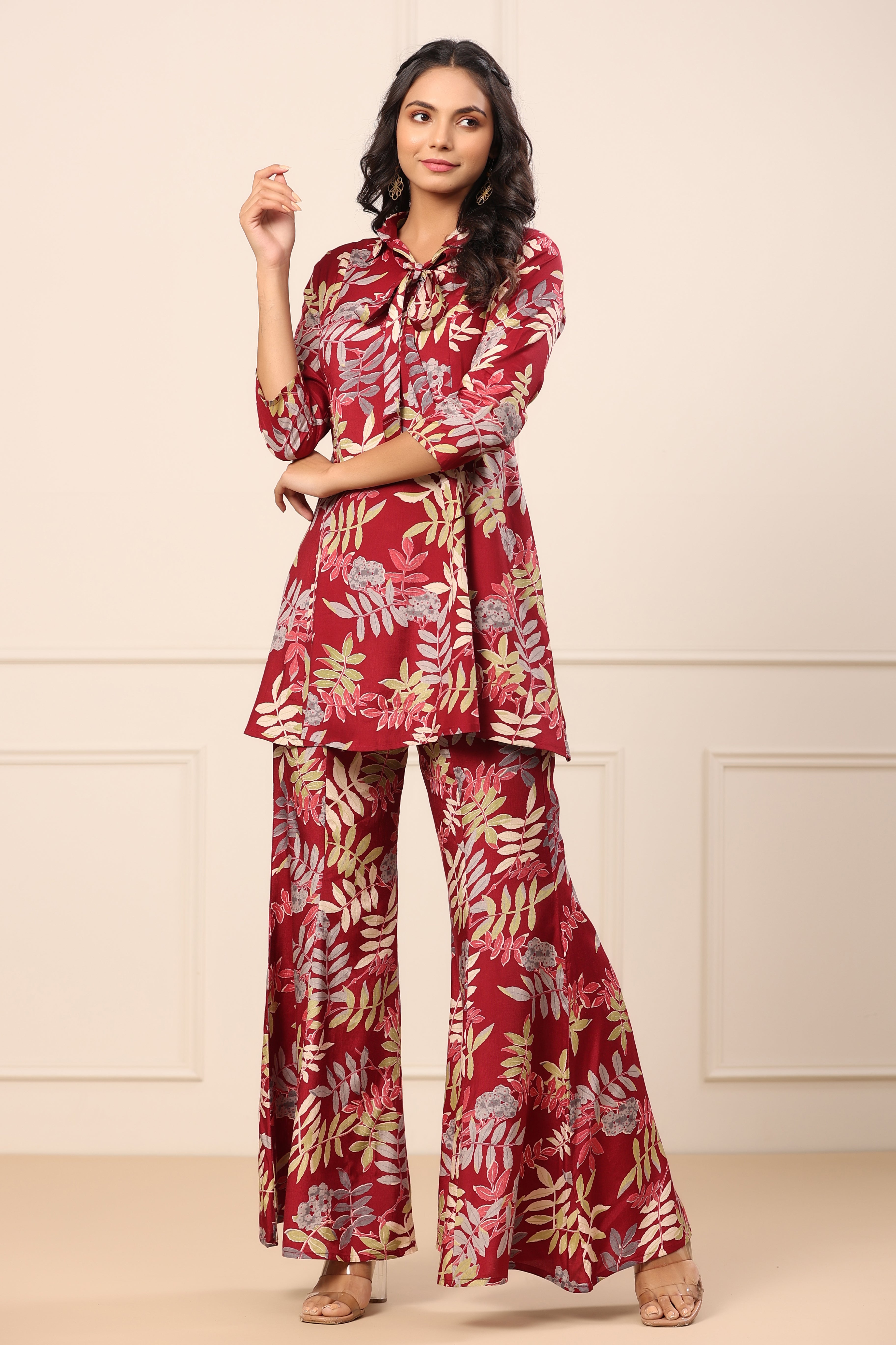 Tropical Maroon Russian Silk Co-ord Set