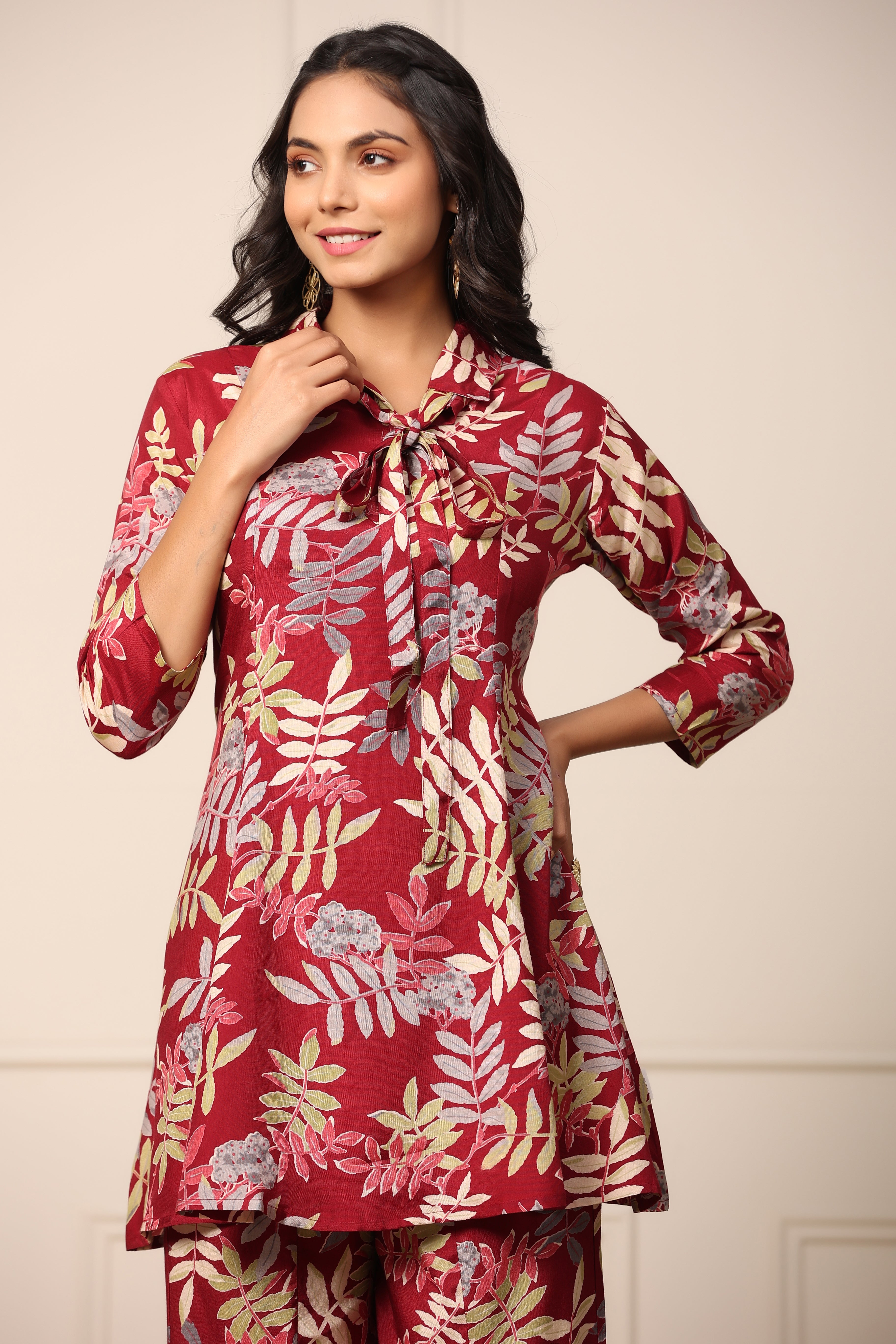 Tropical Maroon Russian Silk Co-ord Set