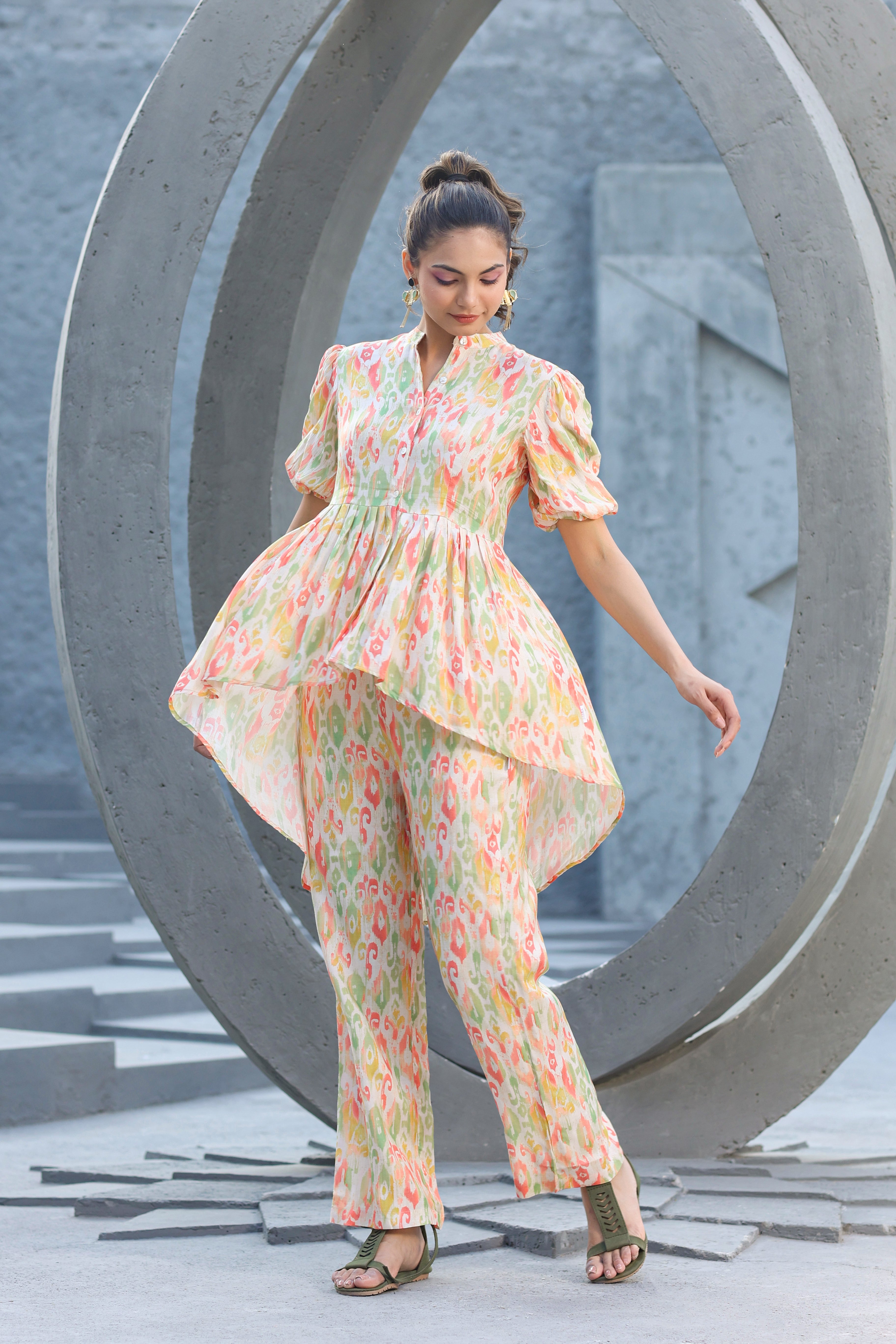 Multicolour Ikat On off white Muslin Silk Co-ord Set