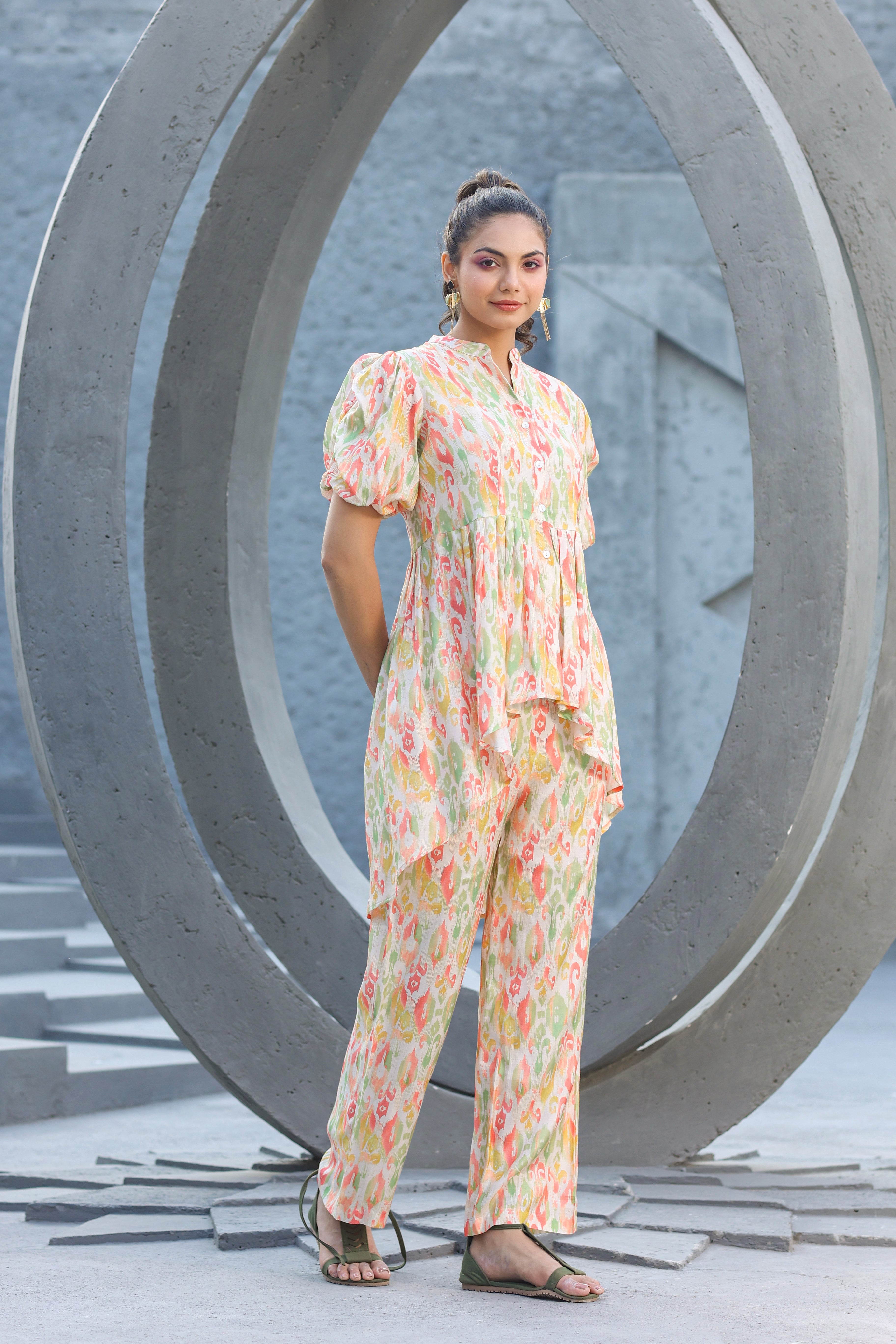 Multicolour Ikat On off white Muslin Silk Co-ord Set