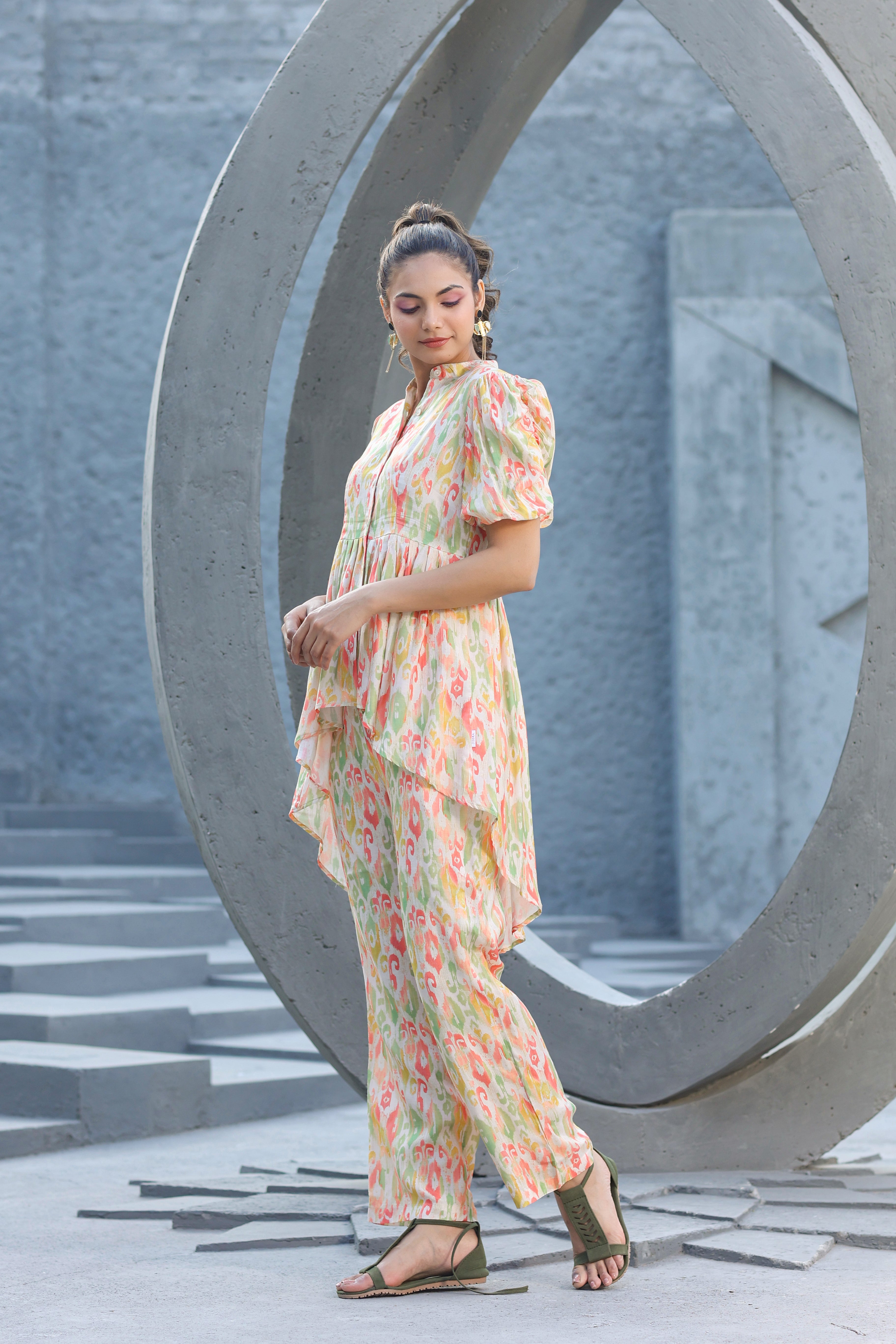 Multicolour Ikat On off white Muslin Silk Co-ord Set
