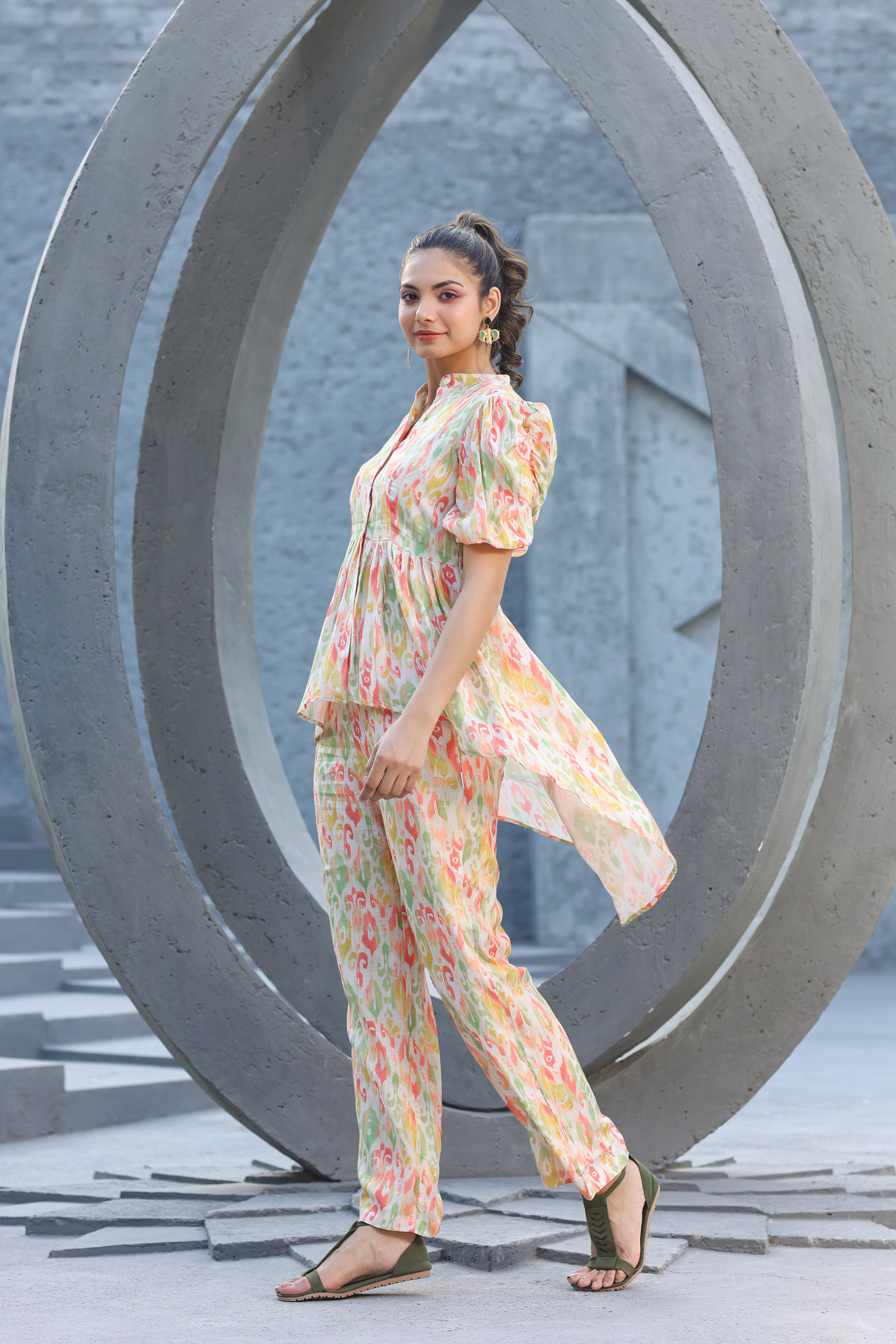 Multicolour Ikat On off white Muslin Silk Co-ord Set