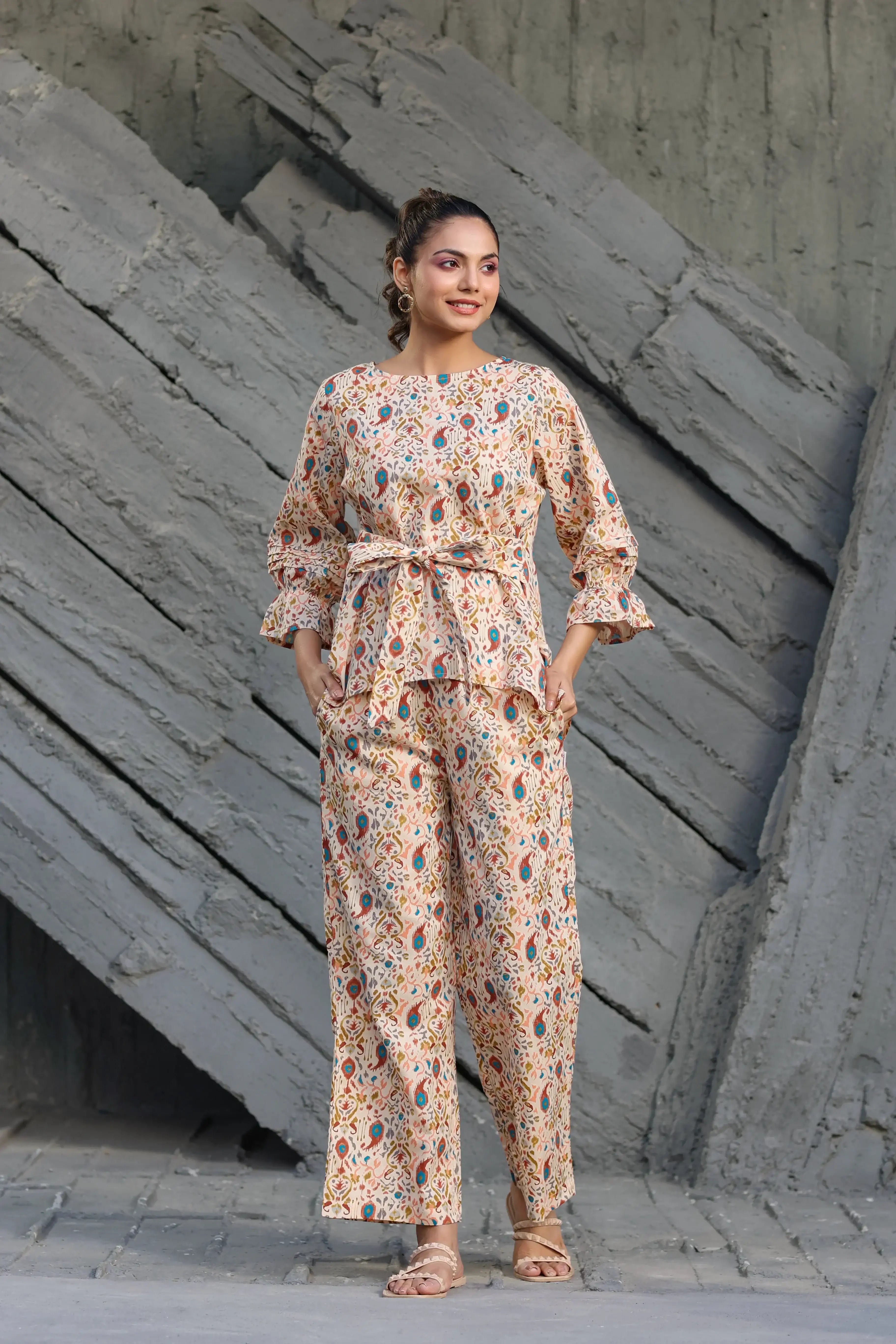 Multi coloured Ikat on Beige Cotton Co-ord set