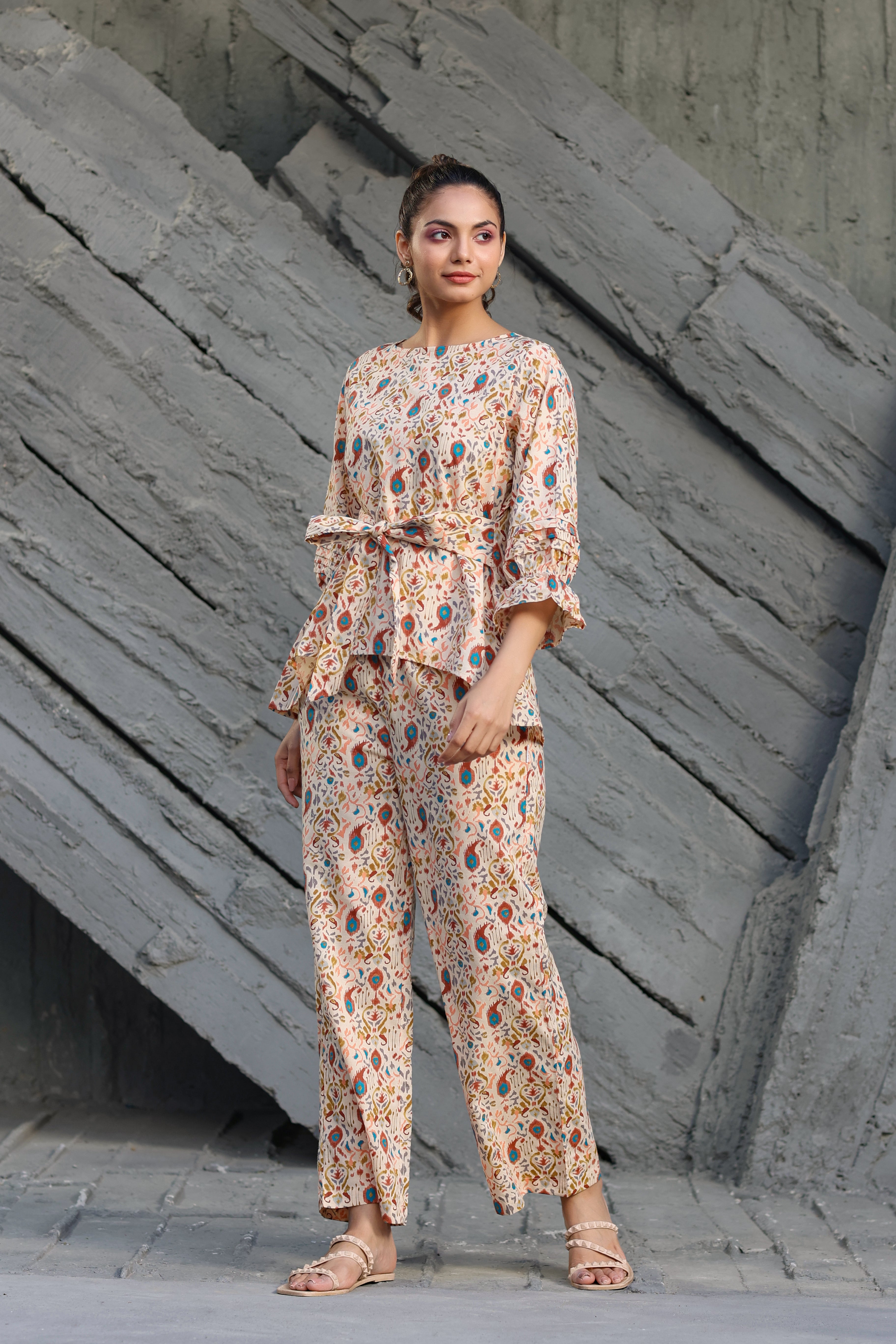 Multi coloured Ikat on Beige Cotton Co-ord set