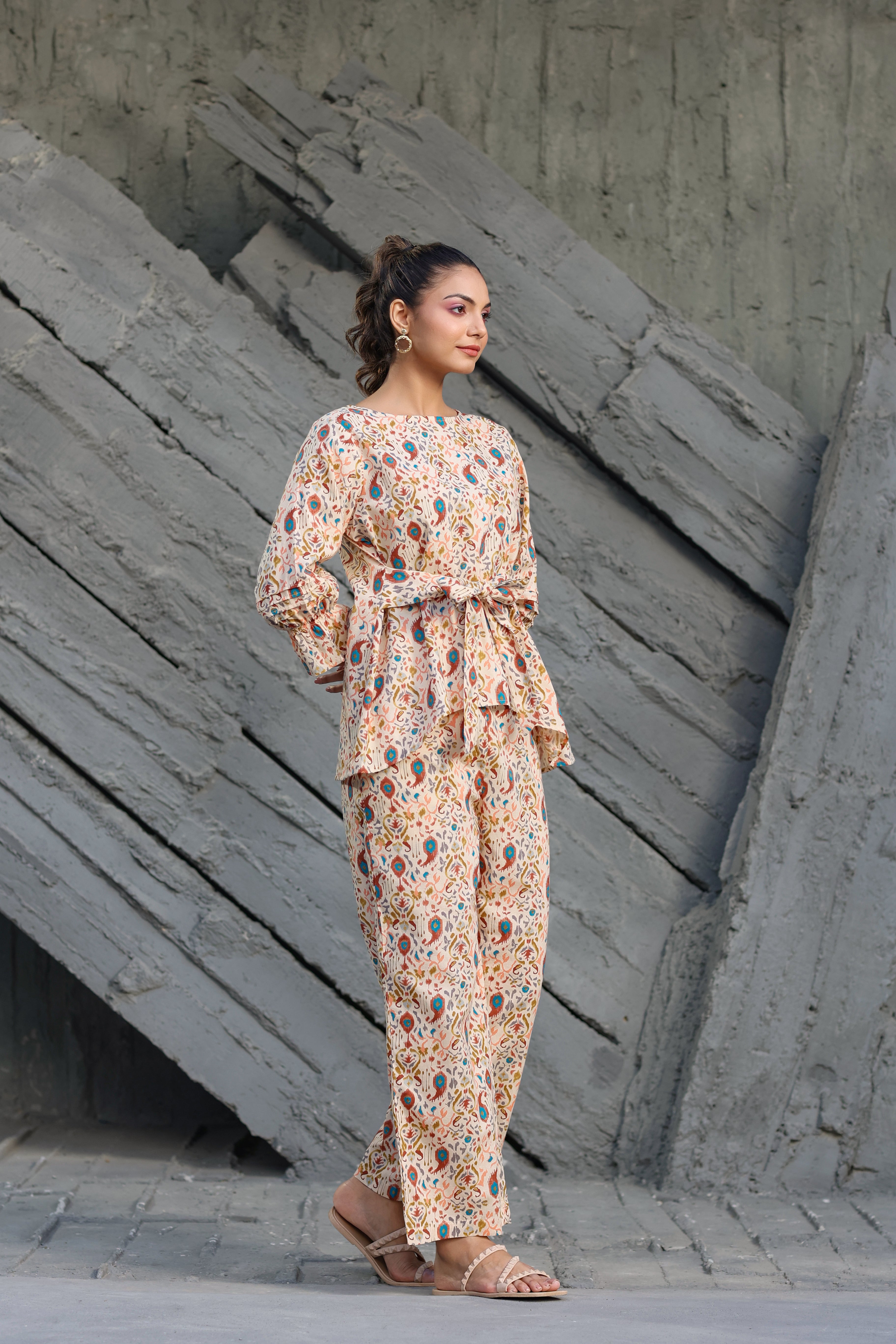 Multi coloured Ikat on Beige Cotton Co-ord set