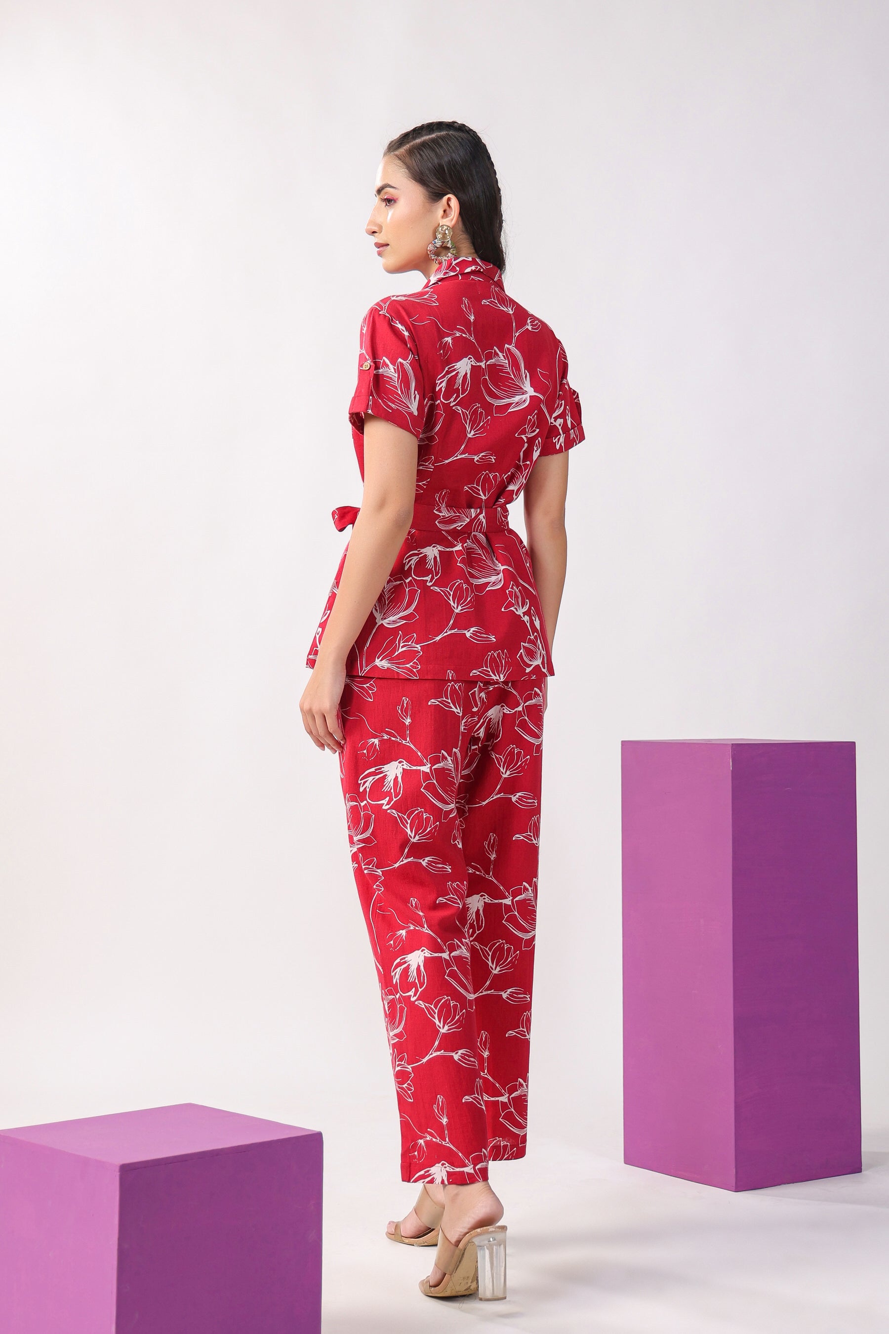 Flowing Jaal on Maroon Cotton Flex Loungewear Top Set