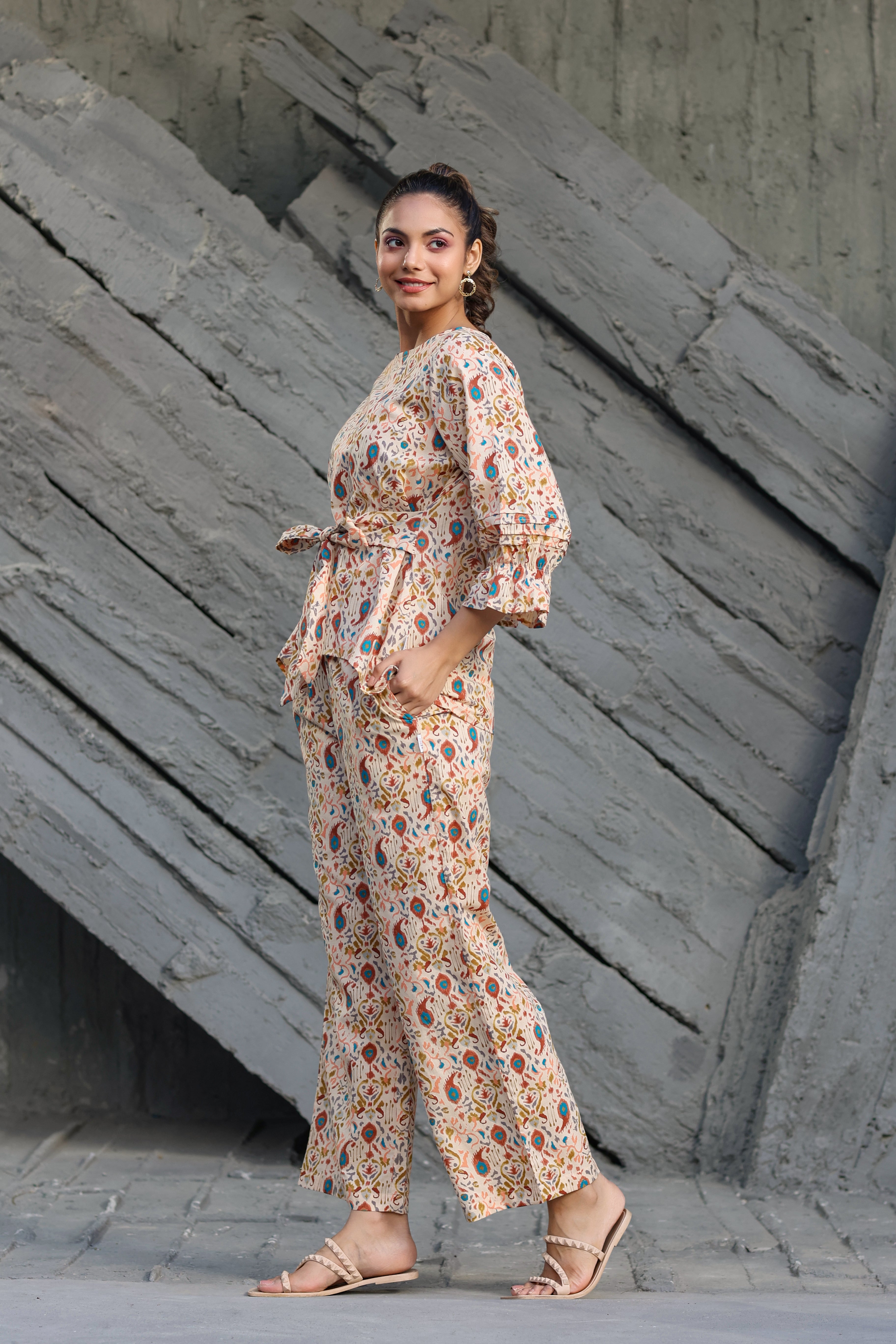 Multi coloured Ikat on Beige Cotton Co-ord set