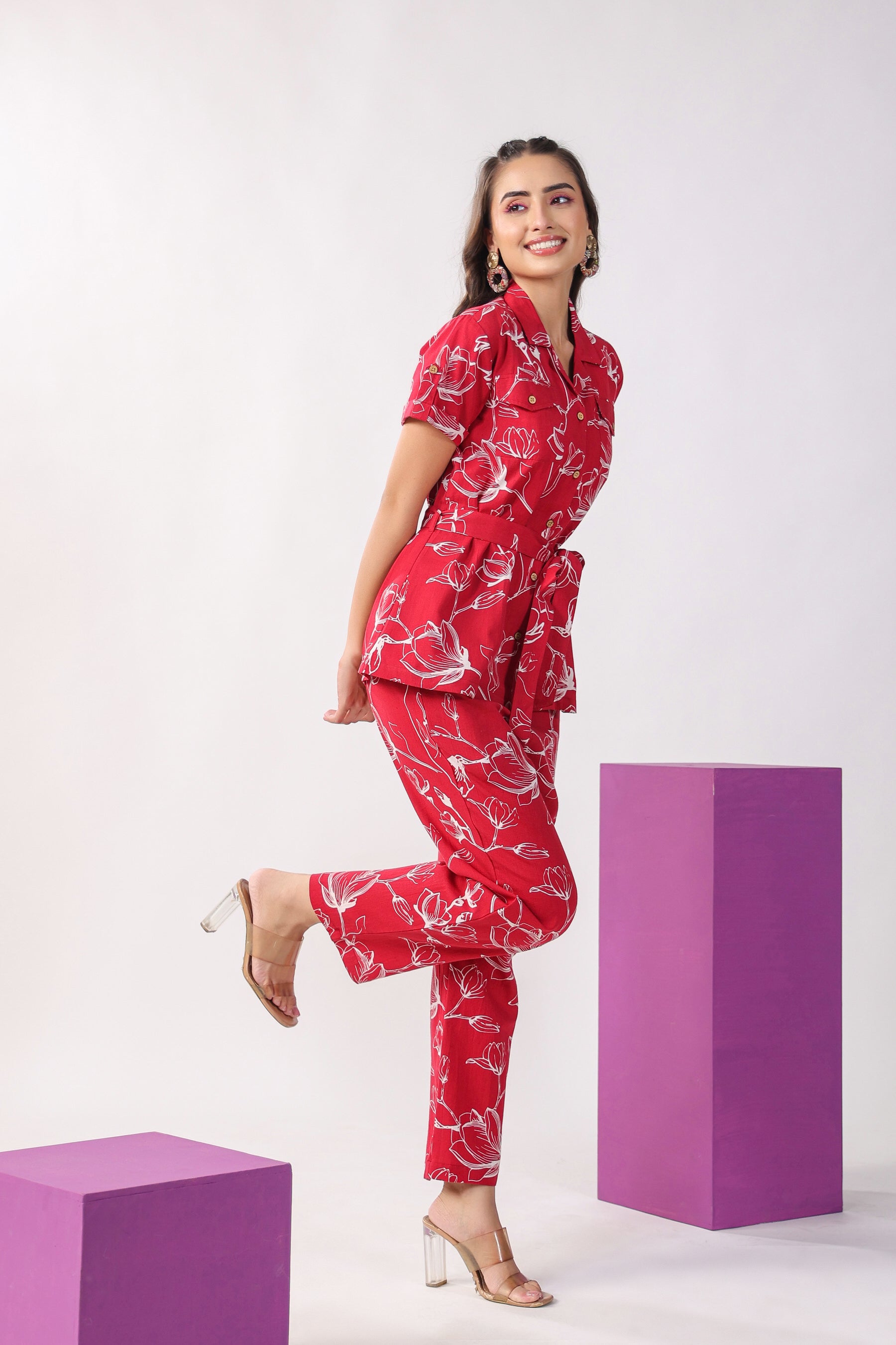 Flowing Jaal on Maroon Cotton Flex Loungewear Top Set