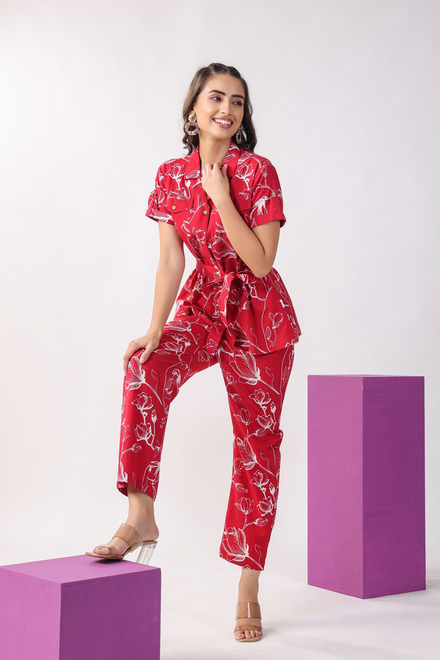 Flowing Jaal on Maroon Cotton Flex Loungewear Top Set