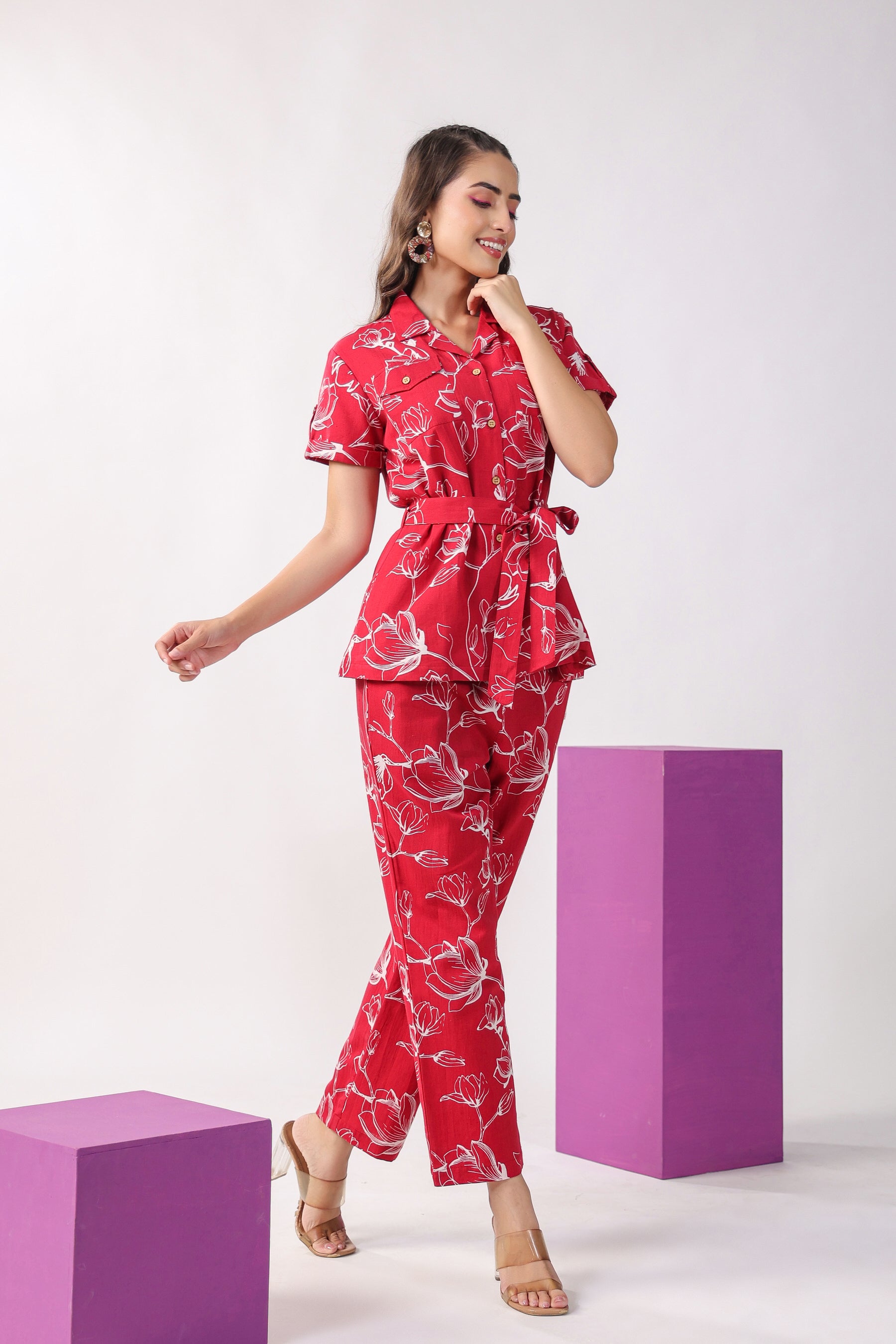 Flowing Jaal on Maroon Cotton Flex Loungewear Top Set