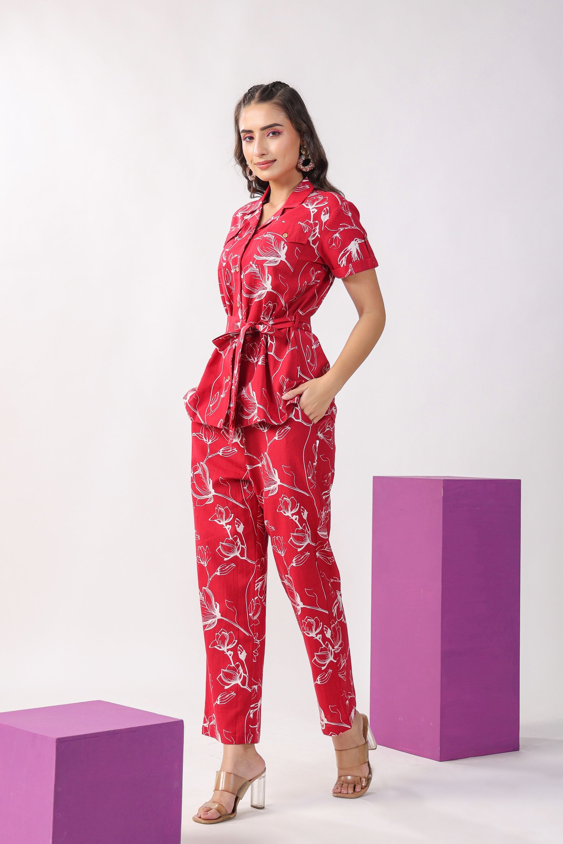 Flowing Jaal on Maroon Cotton Flex Loungewear Top Set