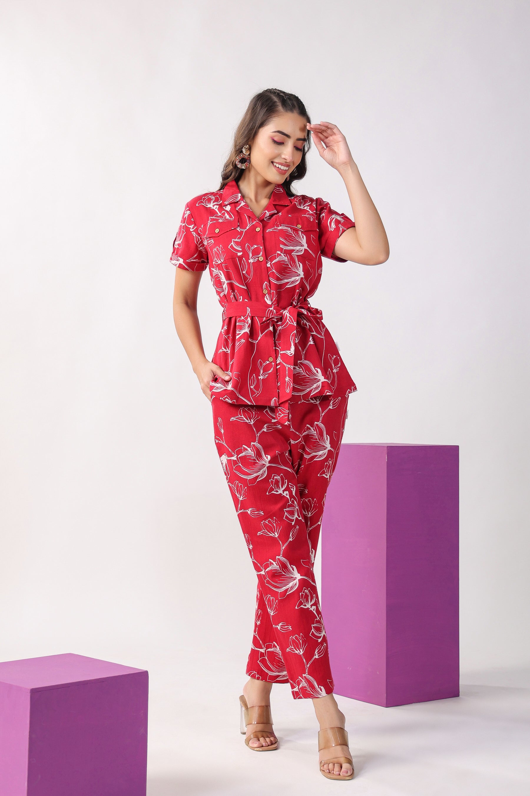 Flowing Jaal on Maroon Cotton Flex Loungewear Top Set