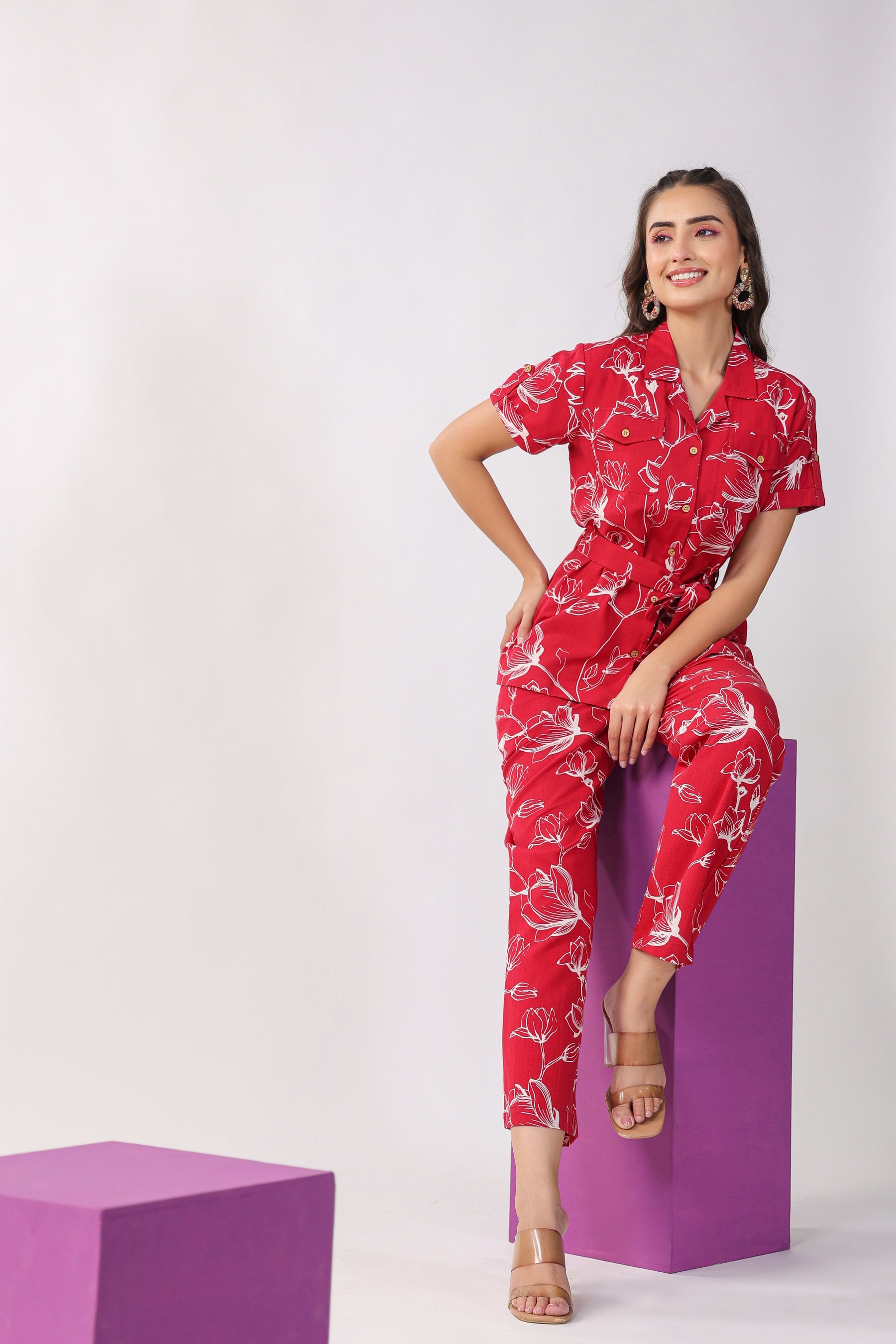 Flowing Jaal on Maroon Cotton Flex Loungewear Top Set